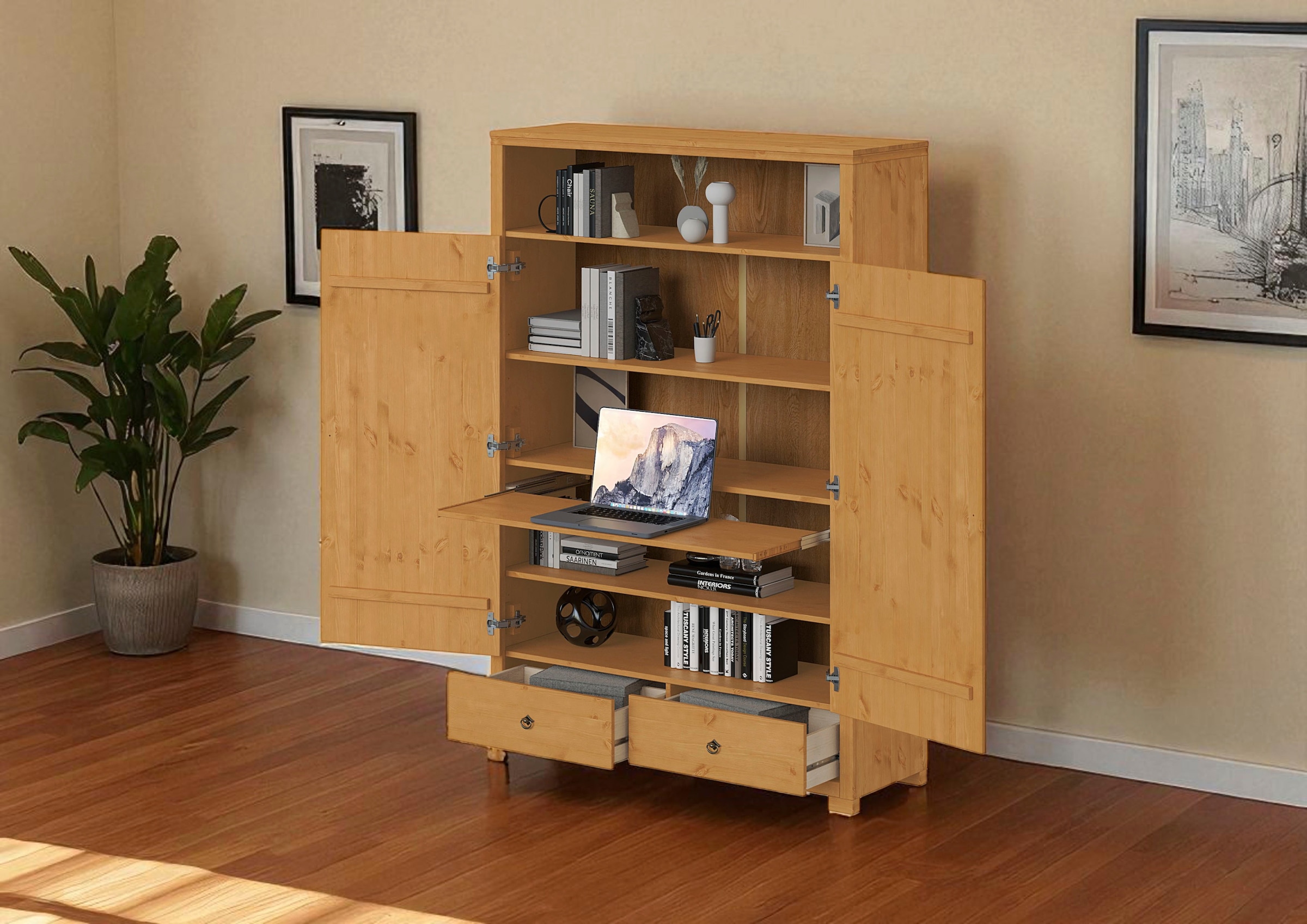 GOODproduct Armoire à linge »Gotland! Home Office Schrank, Mehrzweckschrank, Büroschrank« H/B/T ca. 180/125/40cm,  mit Ausziehregal, Schublade, stabil + langlebig, Massivholz made in EU