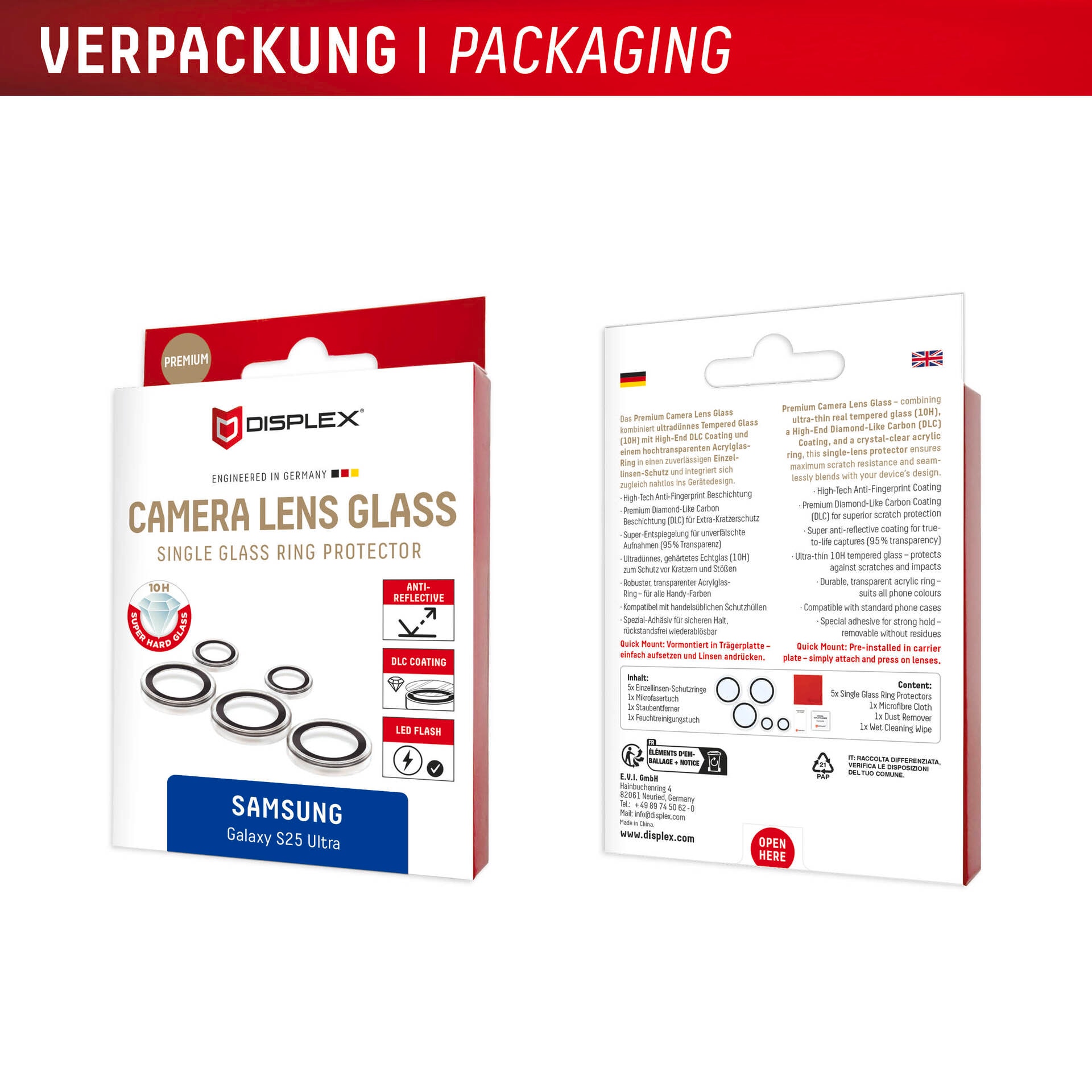 Displex Kameraschutzglas »Camera Lens Glass Single Glass Ring Protector« für Samsung Galaxy S25 Ultra Packung, 2x Einzellinsen-Schutzringe,  Objektivschutz, Kameraschutz, kratz- & stossfest