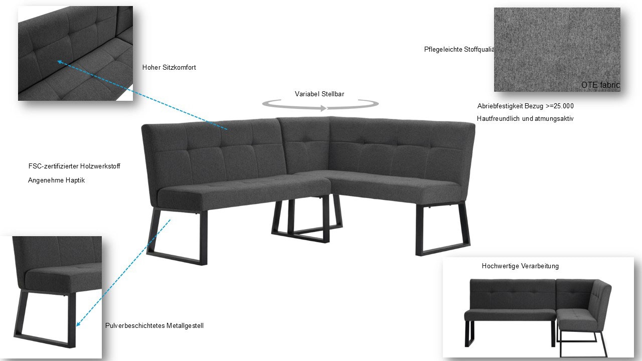GOODproduct Eckbank »Geranie, Sitz -und Rücken gepolstert, Knopfheftung« zwei Bezugsstoffe, zwei Stofffarben, pulverbeschichtetes Metallgestell