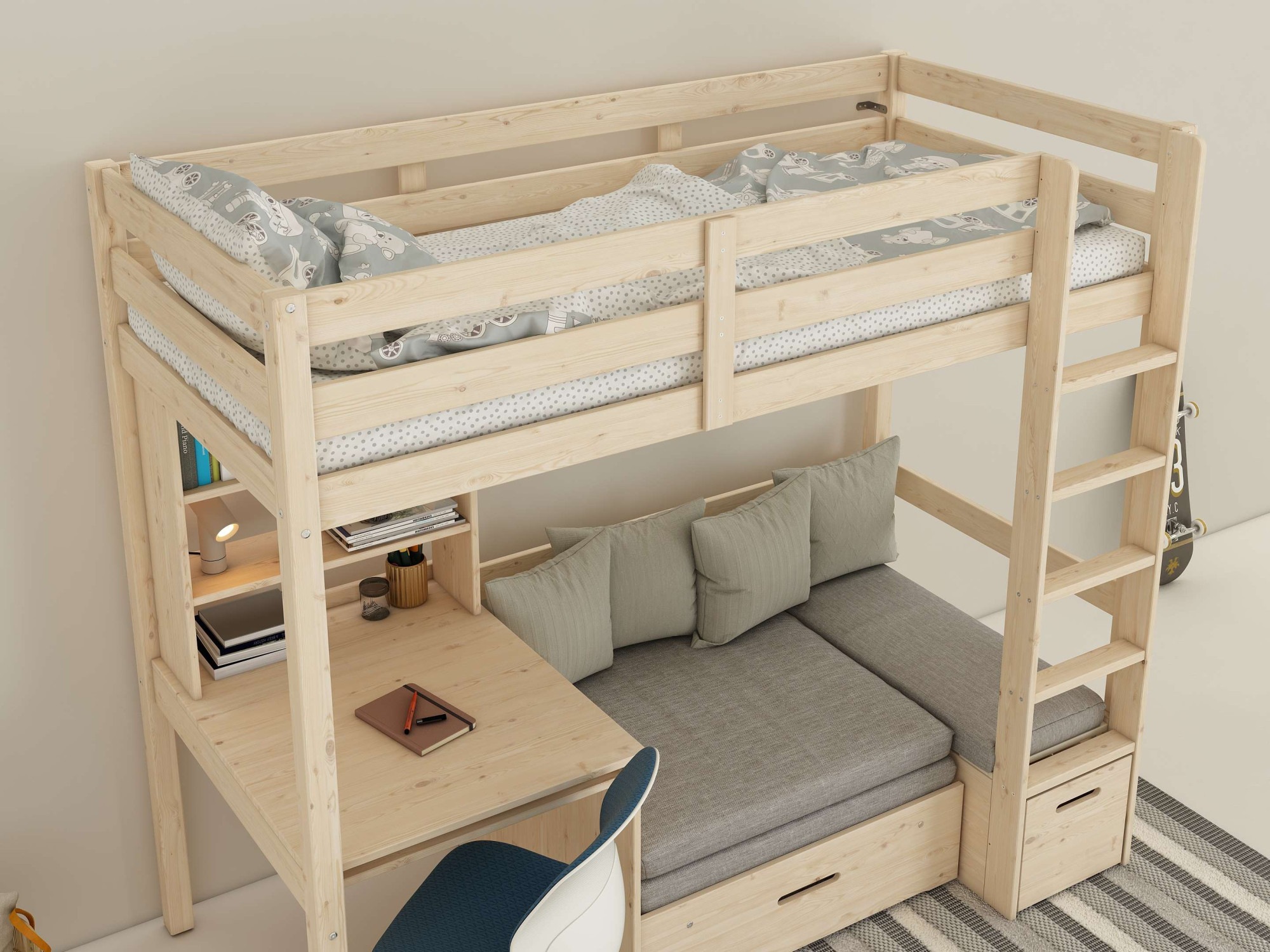 Lüttenhütt Etagenbett »HENNE' TOPSELLER! Hochbett, Ideal für kleine Räume, 2 Schlafplätze«, (zweiter Schlafplatz ausziehbar, B/H/T ca. 208/180/105cm), mit Polsterauflagen+ Schreibtisch + Stauraum, mehrere Farben