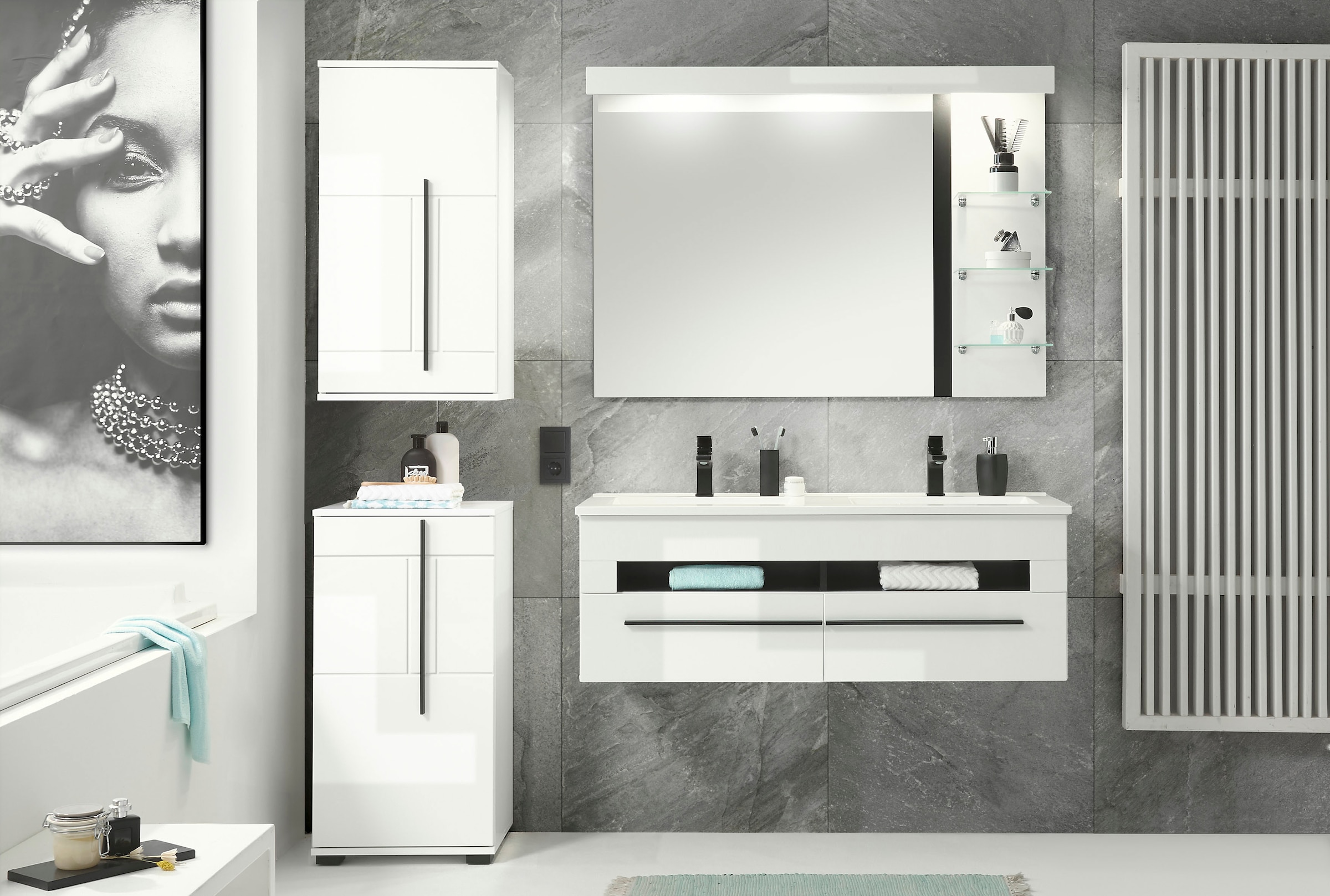 INOSIGN Badmöbel-Set »Cantara, Bad im modernen Design, 4-teiliges Badezimmer«, (Set, 4 St.), Waschtisch, Schrank, Hängeschrank und Spiegel, in Weiss Hochglanz