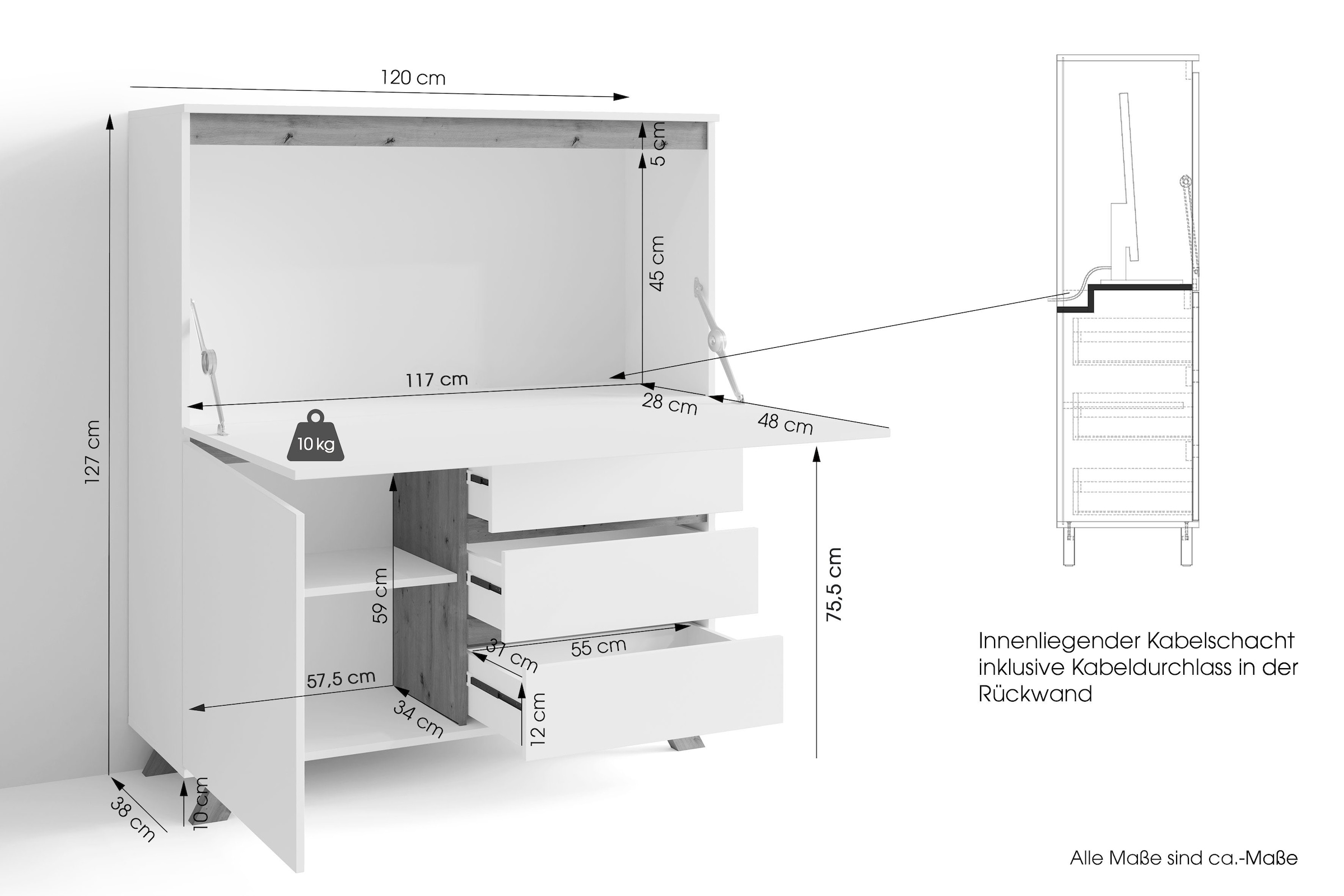 GOODproduct Secrétaire »Vaux« 1 cuis tlg. Cachemire / chêne Artisan (aspect chêne), porte pliante, espace de rangement, L : 120 cm