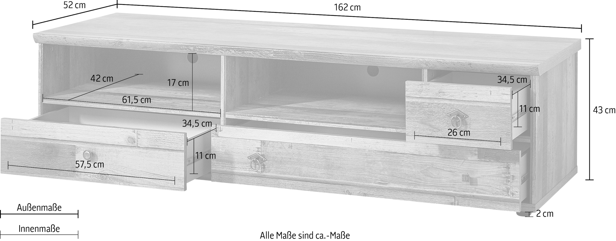 Innostyle Lowboard »BONANZA« 1 Stk. tlg. 3 Schubladen, 2 Fächer, 2 Kabeldurchlässe, ABS Kantenschutz