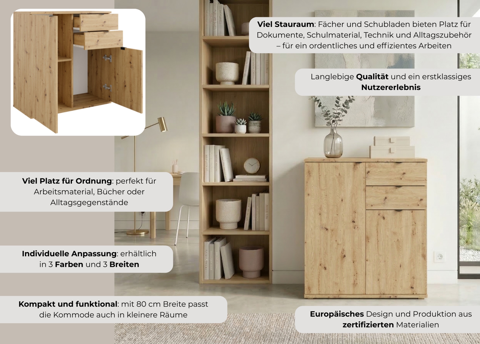 Home affaire Commode »THALIANA Sideboard mit 2 Türen und 2 Schubladen, Breite 80 cm« Schrank in 3 Farben erhältlich, schwarze Metallgriffe, viel Stauraum