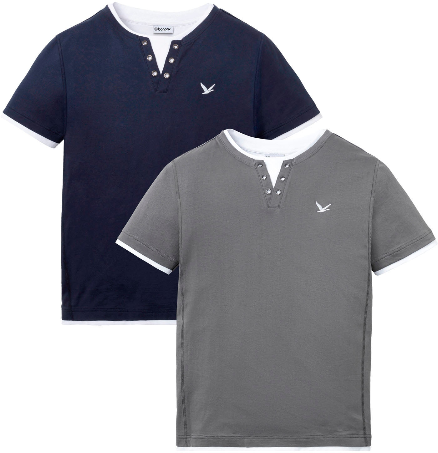 bonprix T-shirt 2 en 1 »2 in 1 Shirt, Kurzarm (2er Pack)« Packung, 2, 2 cuis cooler Lagen-Look im Henley-Stil