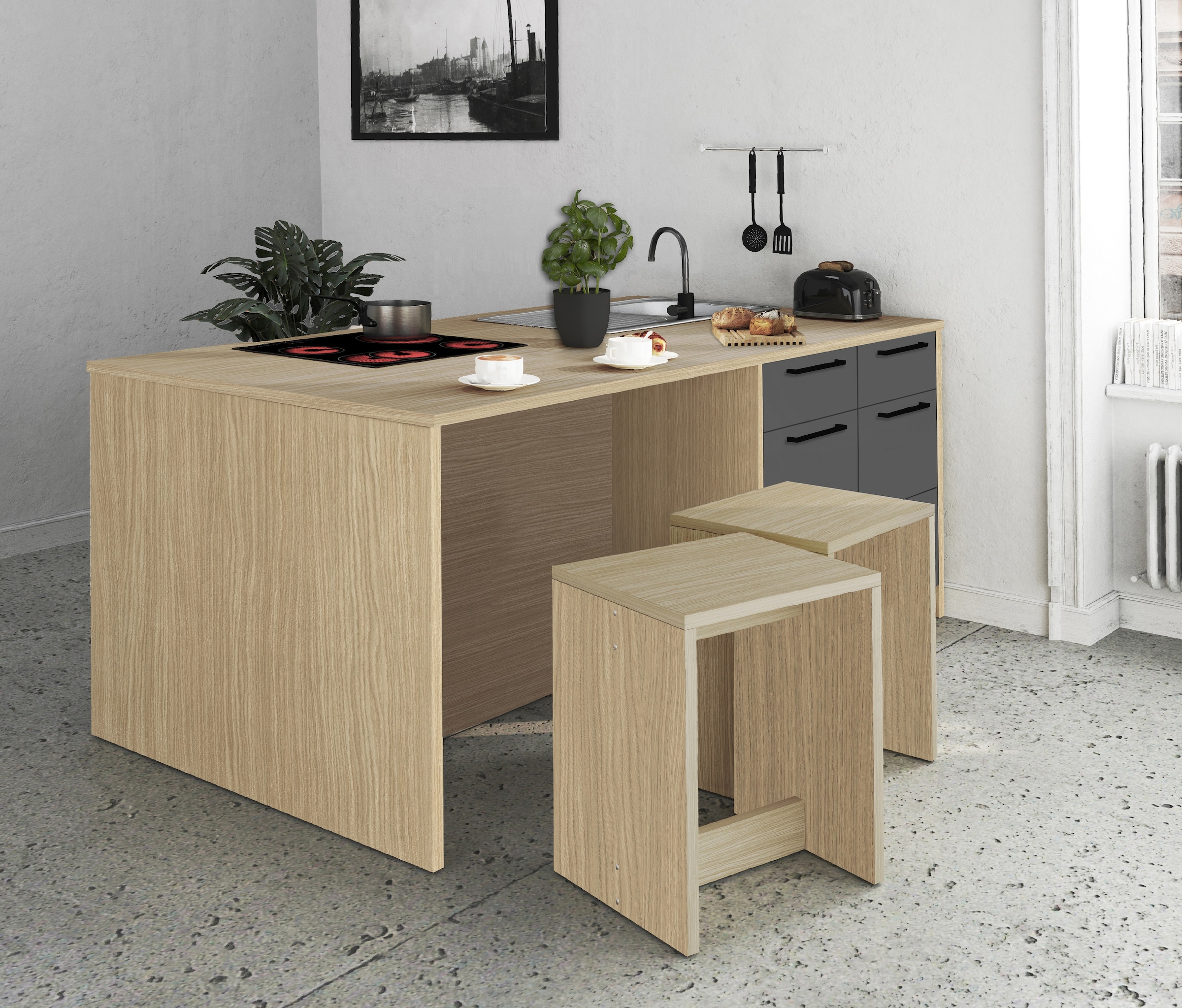 KOCHSTATION Kücheninsel »KS-Luna Breite 200 cm, Höhe 90 cm« Breite 200 cm, wahlweise mit Hanseatic-E-Geräten