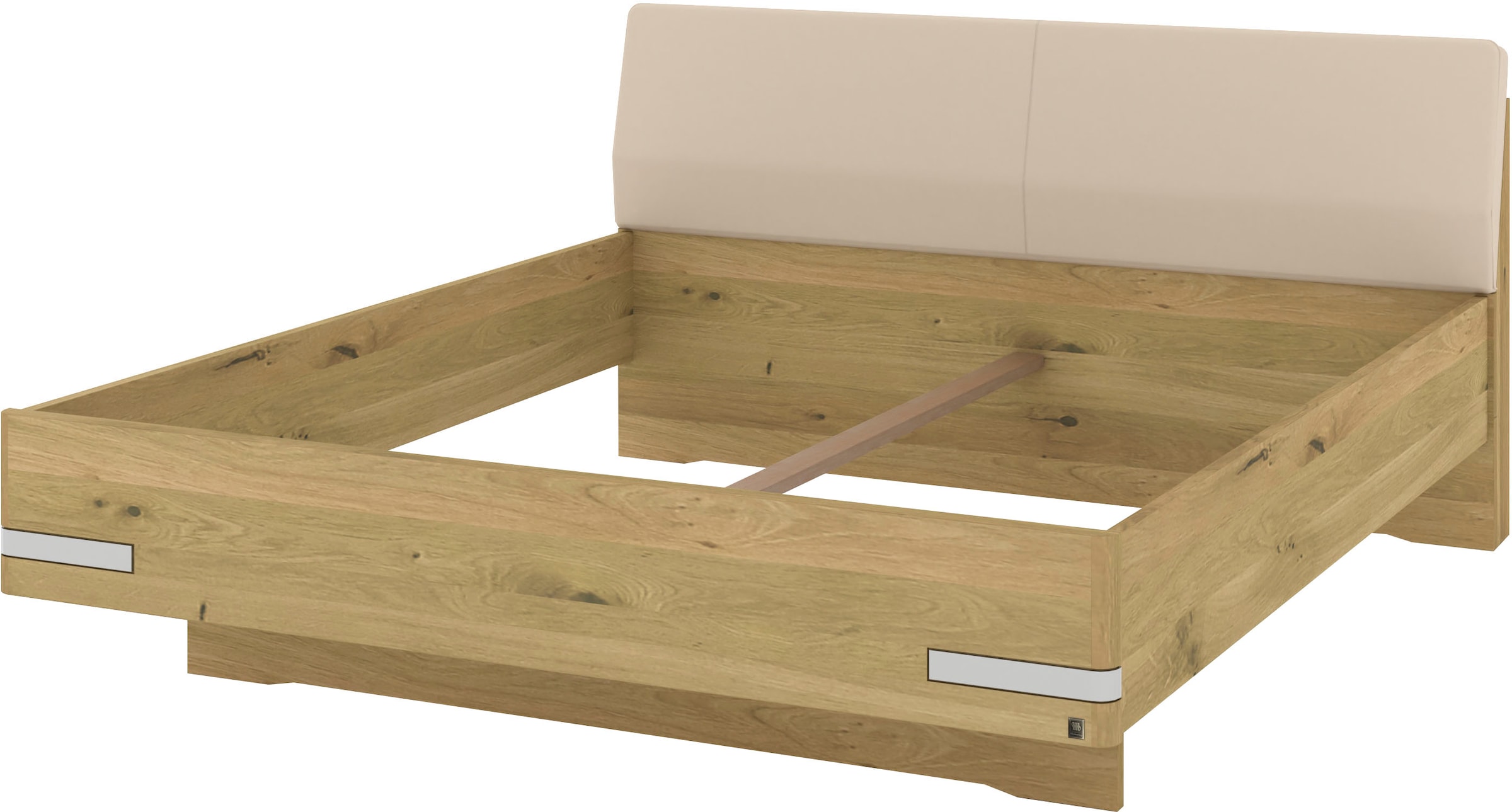 Musterring Lit en bois »Savona, Bettgestell, Bettrahmen, teilmassiv Bianco-Eiche« Capacité 220 kg, réglage 4 positions de hauteur de couchage, MADE IN GERMANY,  tête de lit en similicuir champagne, détails chromés, différentes tailles