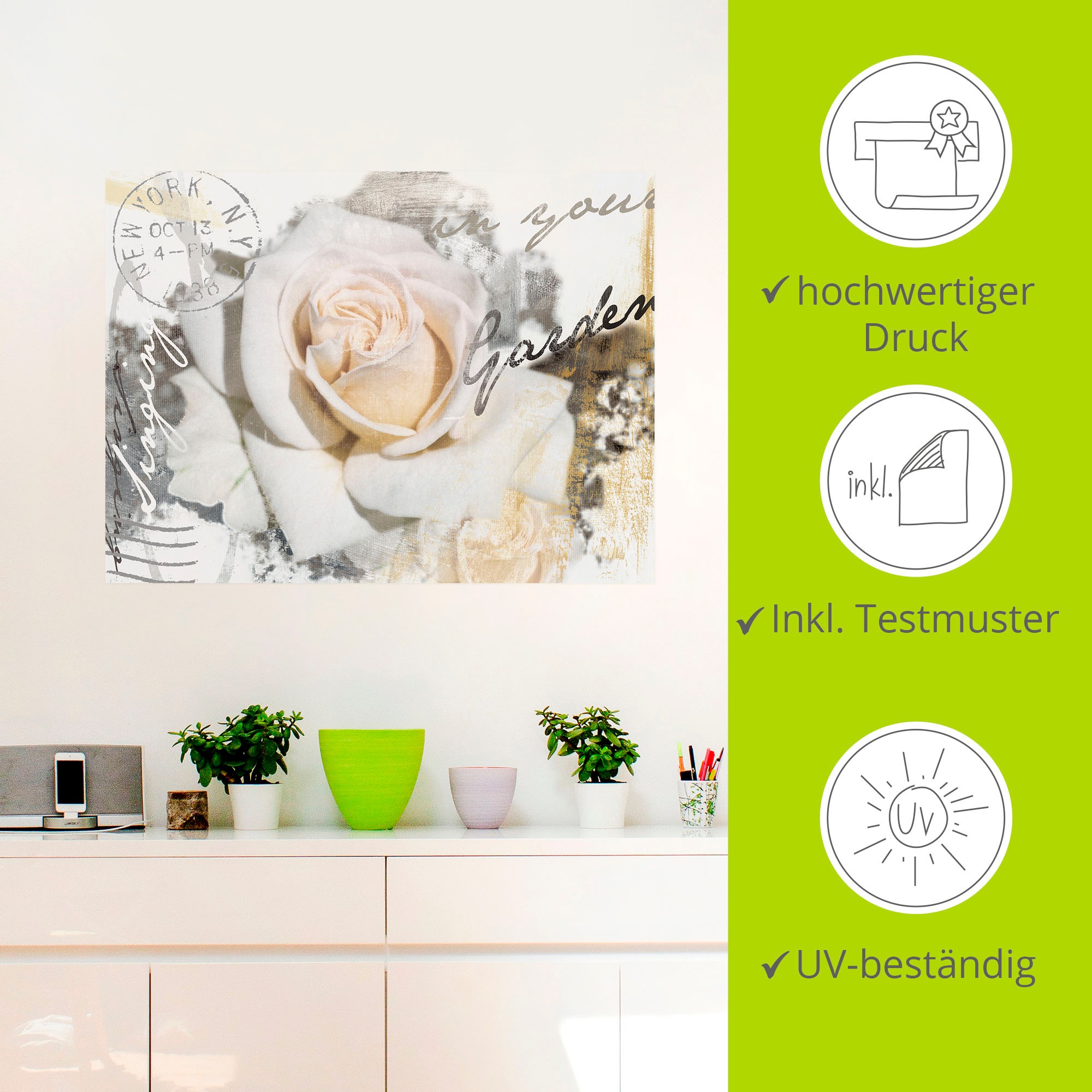 Artland Wandbild »In Buchstaben - Rose«, Blumen, (1 St.), als Leinwandbild, Poster, Wandaufkleber in verschied. Grössen