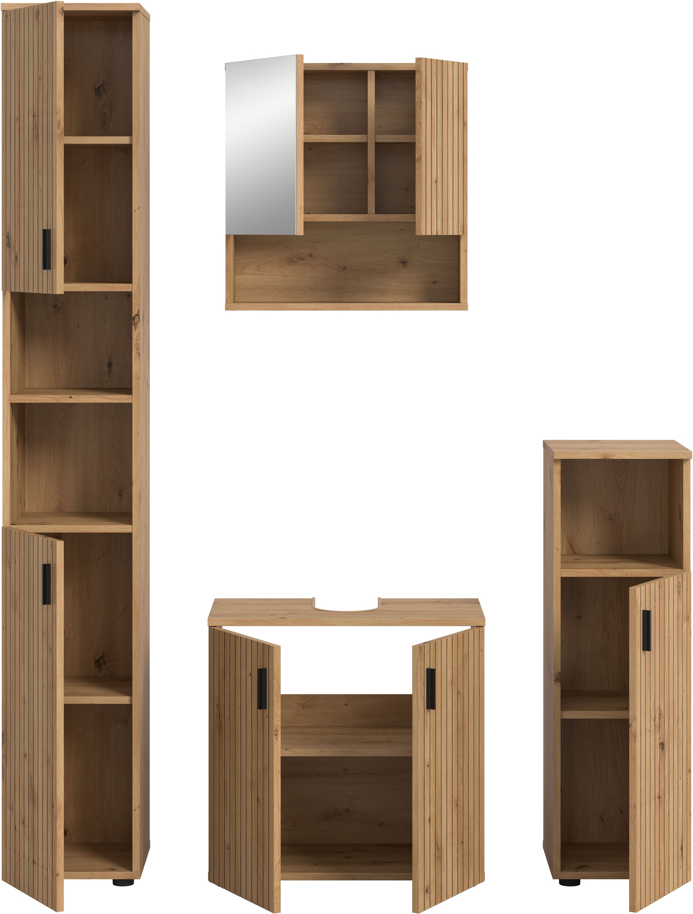 welltime Badmöbel-Set »MANI, 4-tlg. Badkombination, Paneeloptik« Set, Set, best. aus: 1Badschrank, 1WBU, 1 Spiegelschrank, 1 Badschrank, 4 Stk. tlg.