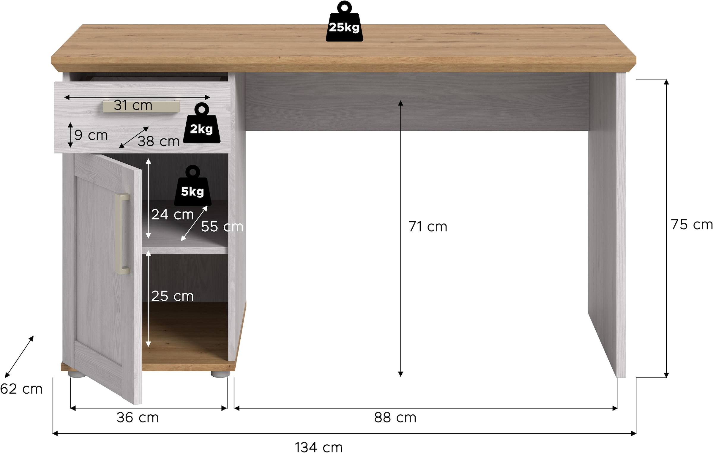 Home affaire Bureau »COSENZA, Breite 134 cm, 1 Tür, 1 Schubkasten, 2 Fächer« Style maison de campagne, combinable avec d'autres articles de la série,  Bureau, table d'ordinateur, table pour ordinateur portable, télétravail