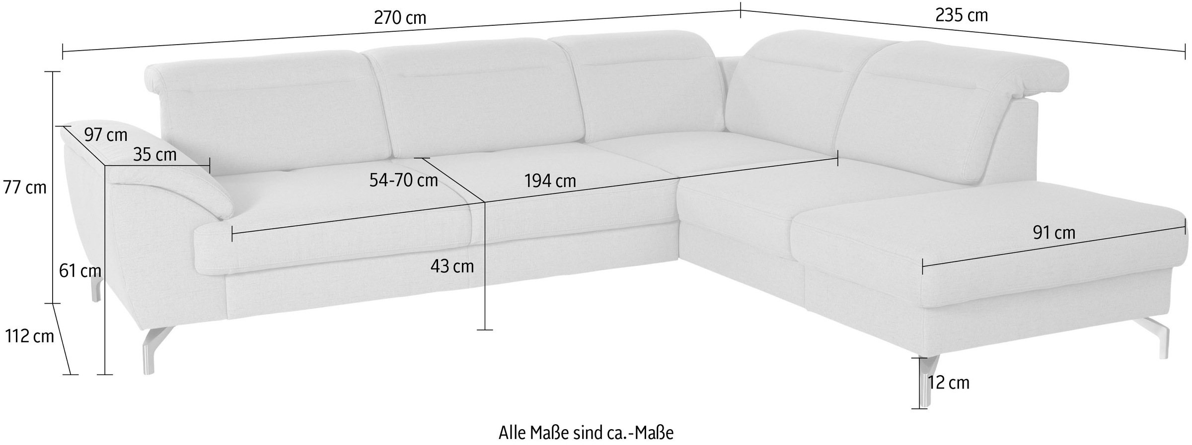sit&more Ecksofa »Percy L-Form«, 12 cm Fusshöhe, Sitztiefenverstellung, wahlweise in 2 Fussfarben