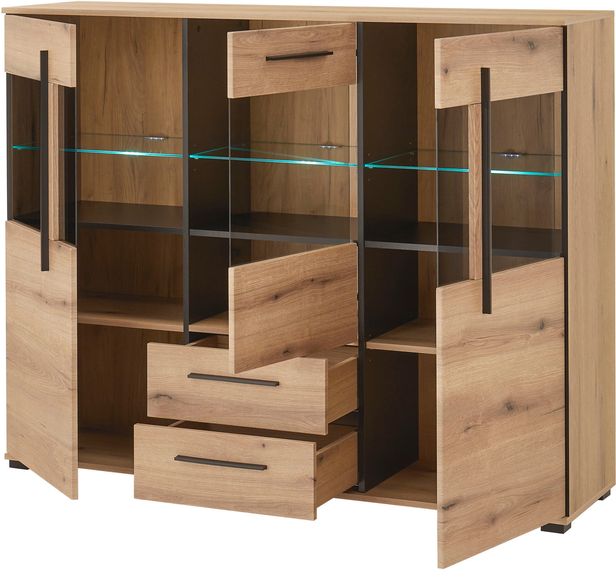 INOSIGN Highboard »Cantara, moderner Schrank, Vitrine in Eiche Dekor oder weiss«, schwarze Stangengriffe, ausreichend Stauraum, vielseitig einsetzbar