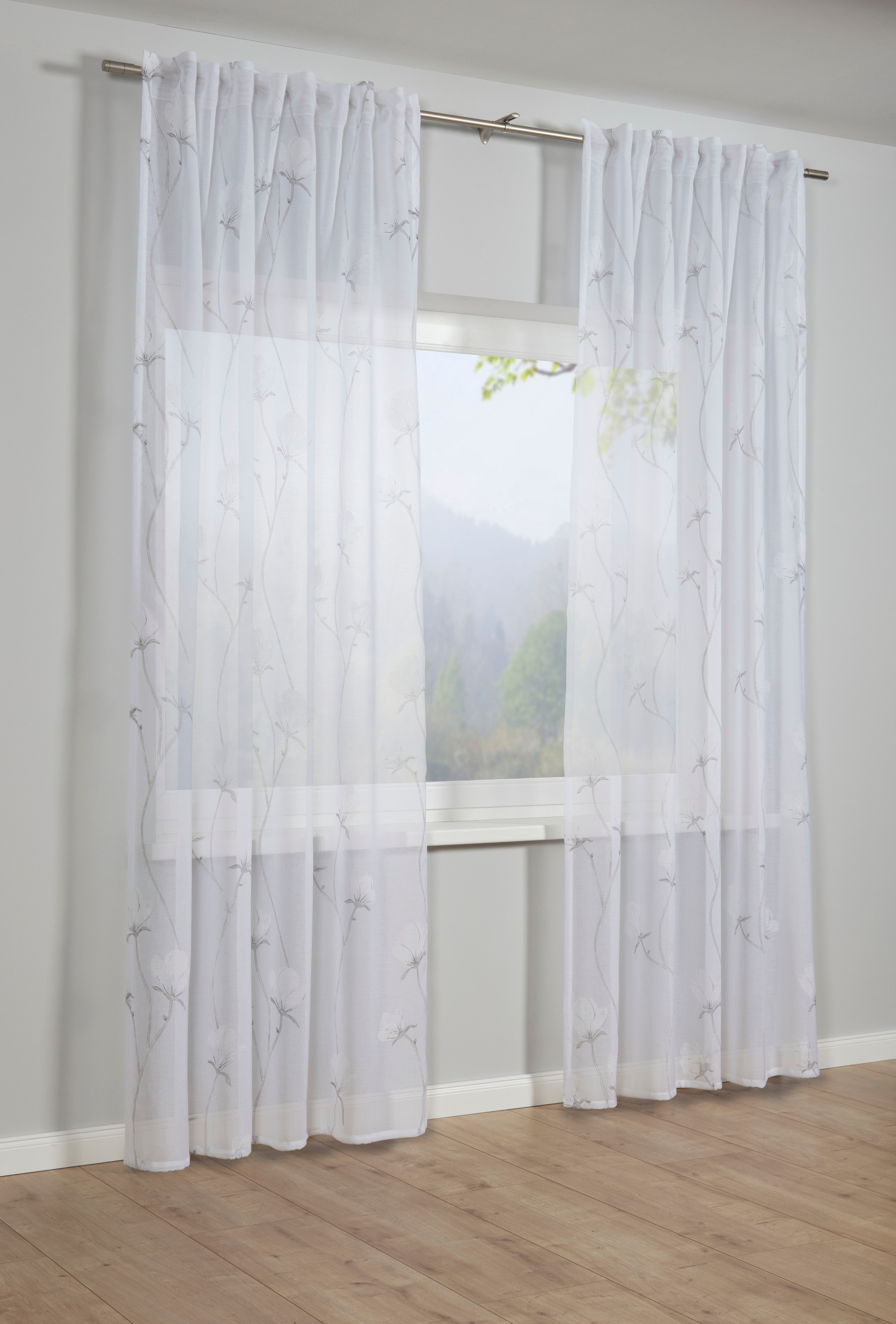 Image of GARDINIA Gardine "Schal mit Gardinenband Snowvoile mit Blütendruck" verdeckte Schlaufen 1 Stk. tlg. Stoff Snowvoile mit Blütendruck