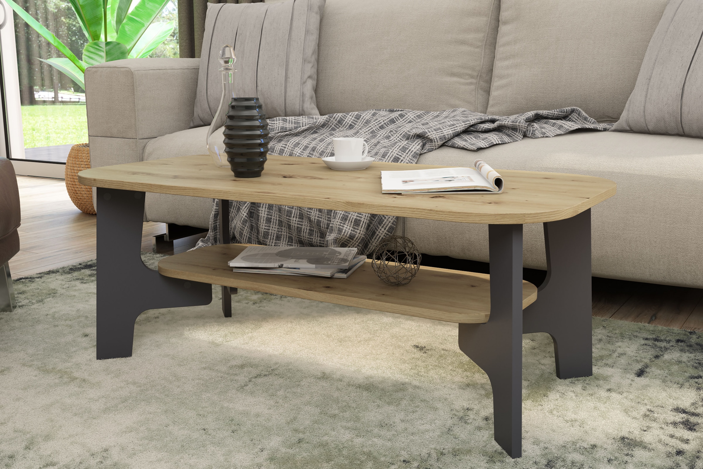 byLIVING Couchtisch »JONNY« Tischplatte Artisan Eiche o. Old Wood, Gestell anthrazit, Ablageboden