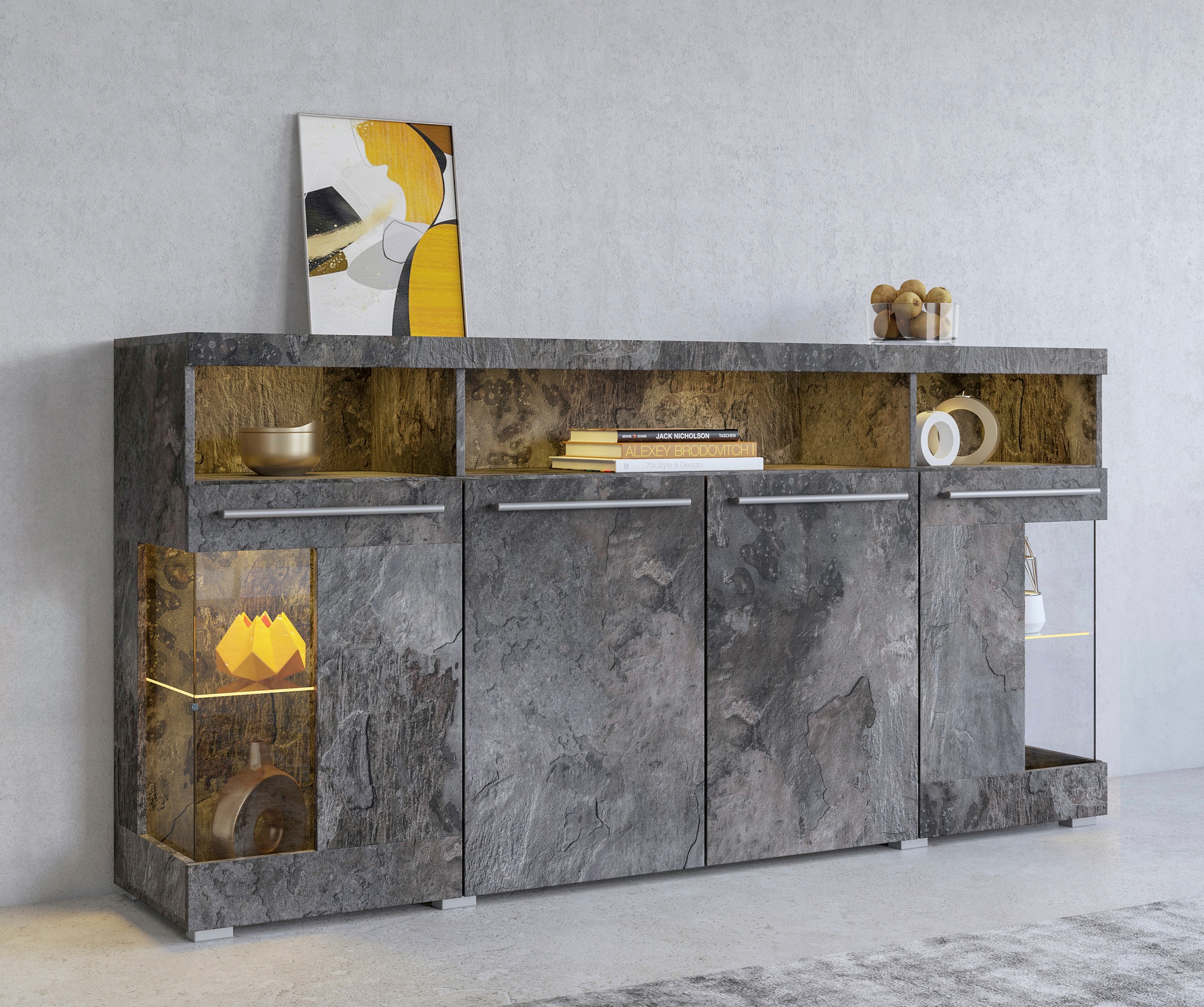 Image of GOODproduct Sideboard "India,Breite 182cm, stilvolle Kommode mit Glastüren" Kombikommode viel Stauraum, Einlegeböden verstellbar,ohne Beleuchtung
