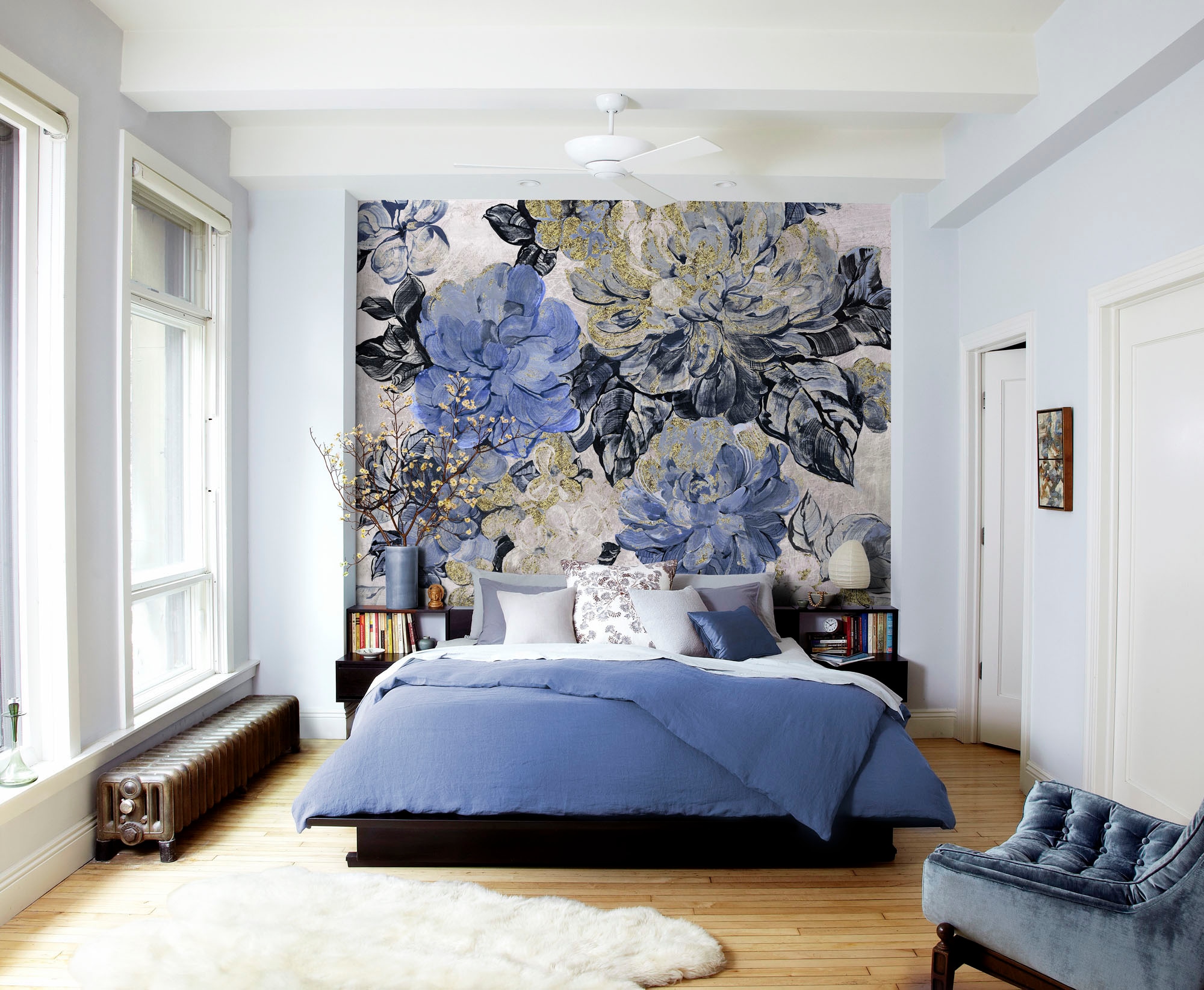Komar Fototapete »Digitaldruck Vlies - Vintage blue Garden - Grösse 300 x 250 cm«, bedruckt, Wohnzimmer, Schlafzimmer
