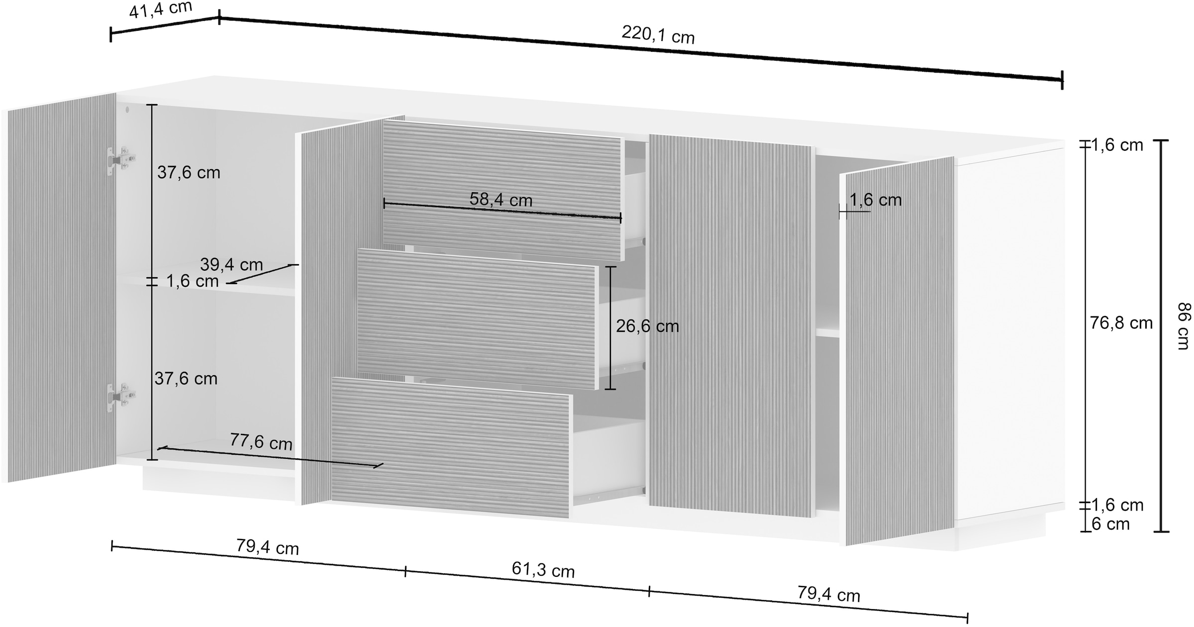 INOSIGN Sideboard »Vega Sideboard,Kommode,220 cm«, mit 4 Türen und 3 Schubladen,Fronten mit Rillen-Optik