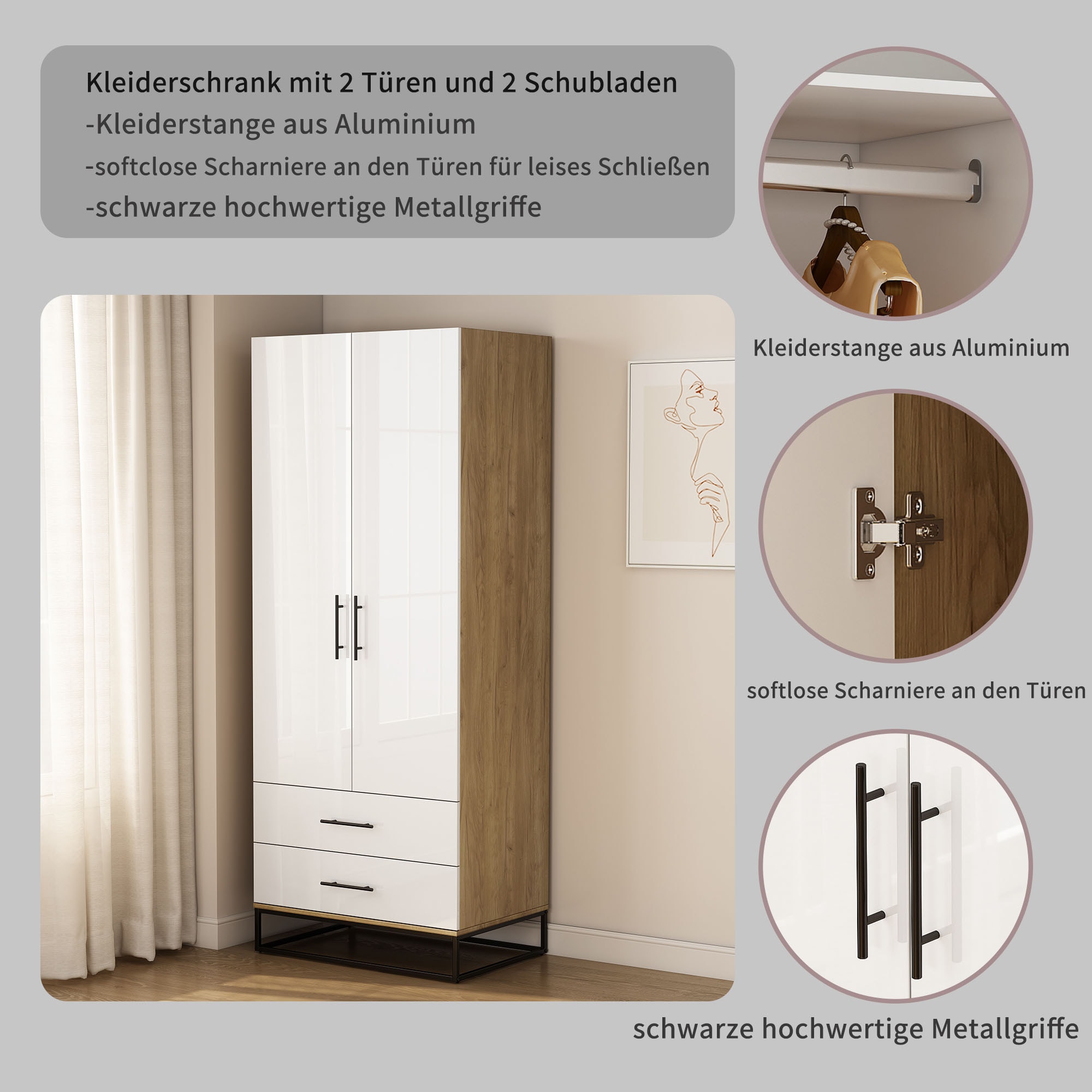GOODproduct Kleiderschrank »Lucca Schlafzimmerschrank Garderobe hochglanz Bestseller« Hochwertige schwarze Griffe und Kufengestell,  Schlafzimmerschrank mit 2 Türen und 2 Schubladen, Breite 80cm