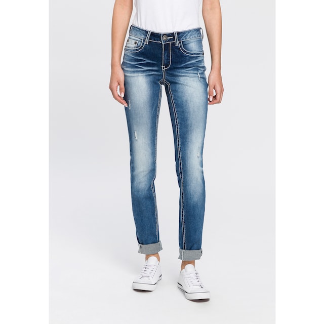 ♕ Arizona Skinny-fit-Jeans »mit Kontrastnähten und Pattentaschen«, Low Waist  versandkostenfrei kaufen
