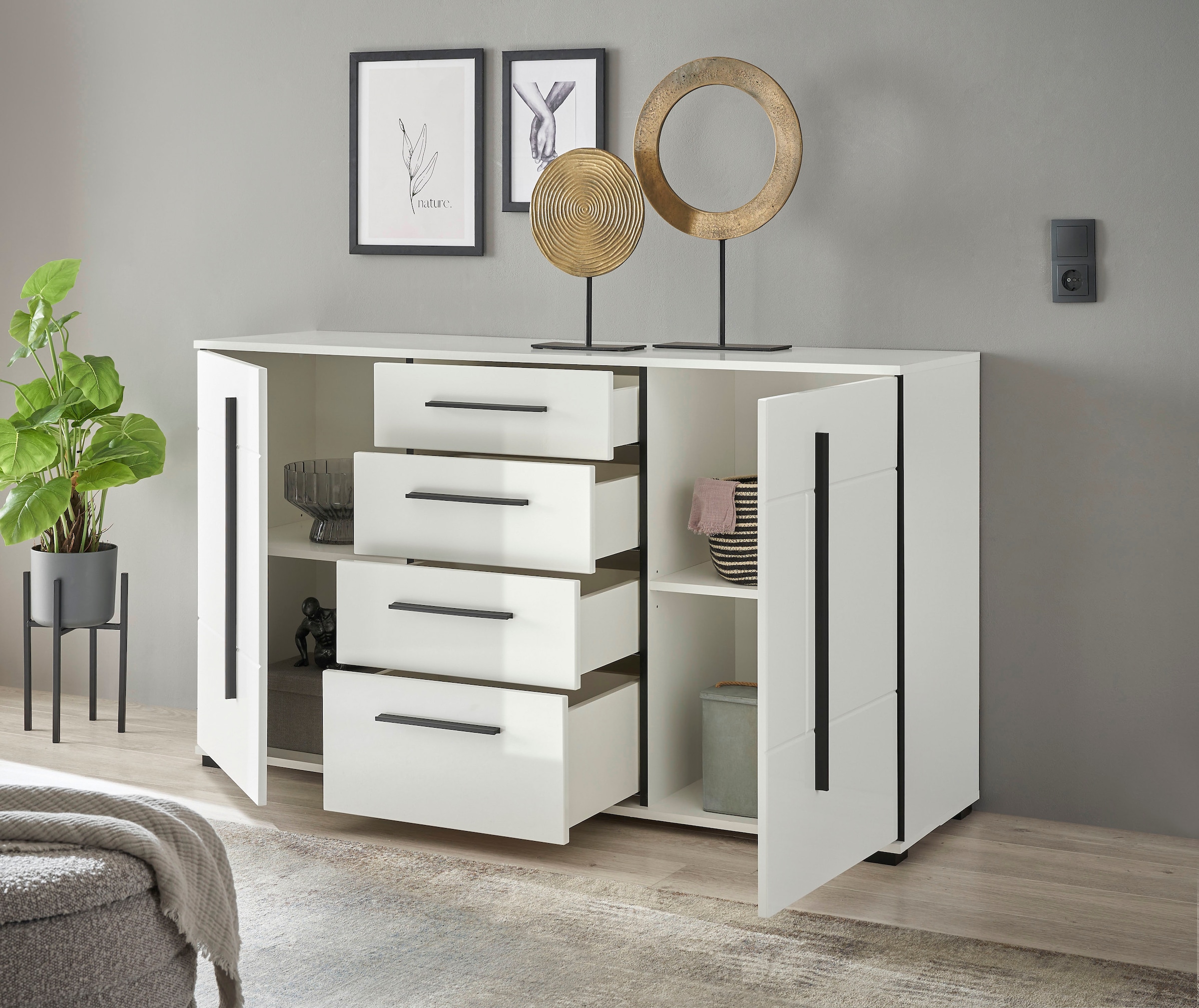 INOSIGN Sideboard »Cantara, moderner Schrank, Kommode in Eiche Evoke oder weiss«, schwarze Stangengriffe, ausreichend Stauraum, vielseitig einsetzbar
