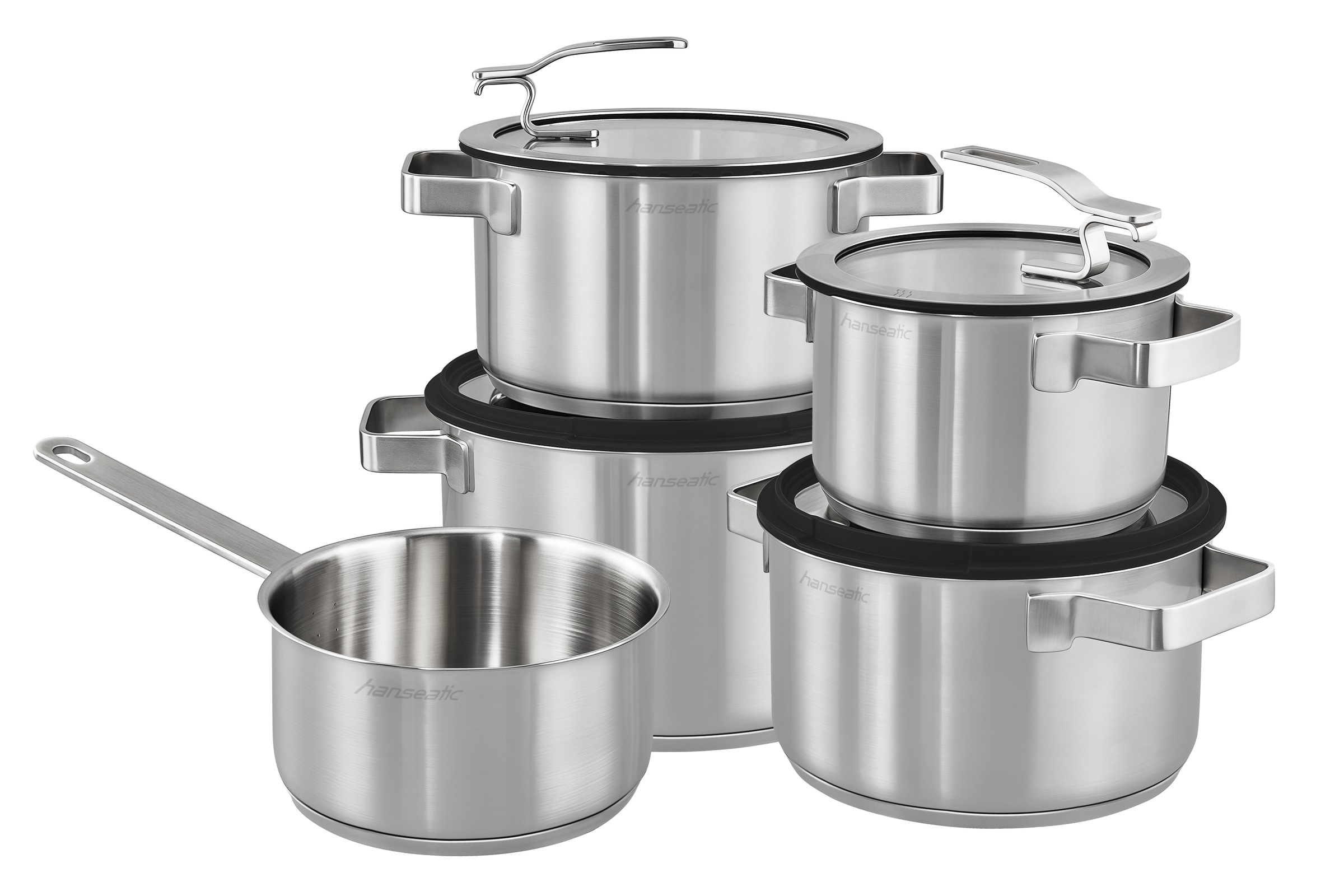 Hanseatic Topf-Set »STYLE«, Edelstahl 18/10, (Set, 9 tlg., Fleischtopf 1x 16 cm / 2x 20 cm / 1x 24 cm, Stielkasserolle 16 cm), Deckel mit praktischer Aufhänge-Funktion, Induktion