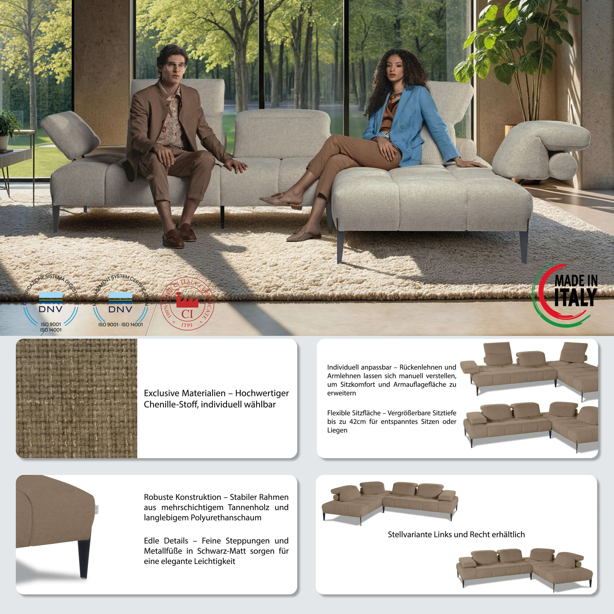 CALIA ITALIA Canapé d'angle »Skyline, Made in Italy, Design-Sofa, L-Form, mit Sitztiefenverstellung« verstellbare Armlehne und Kopfstütze für maximalen Komfort