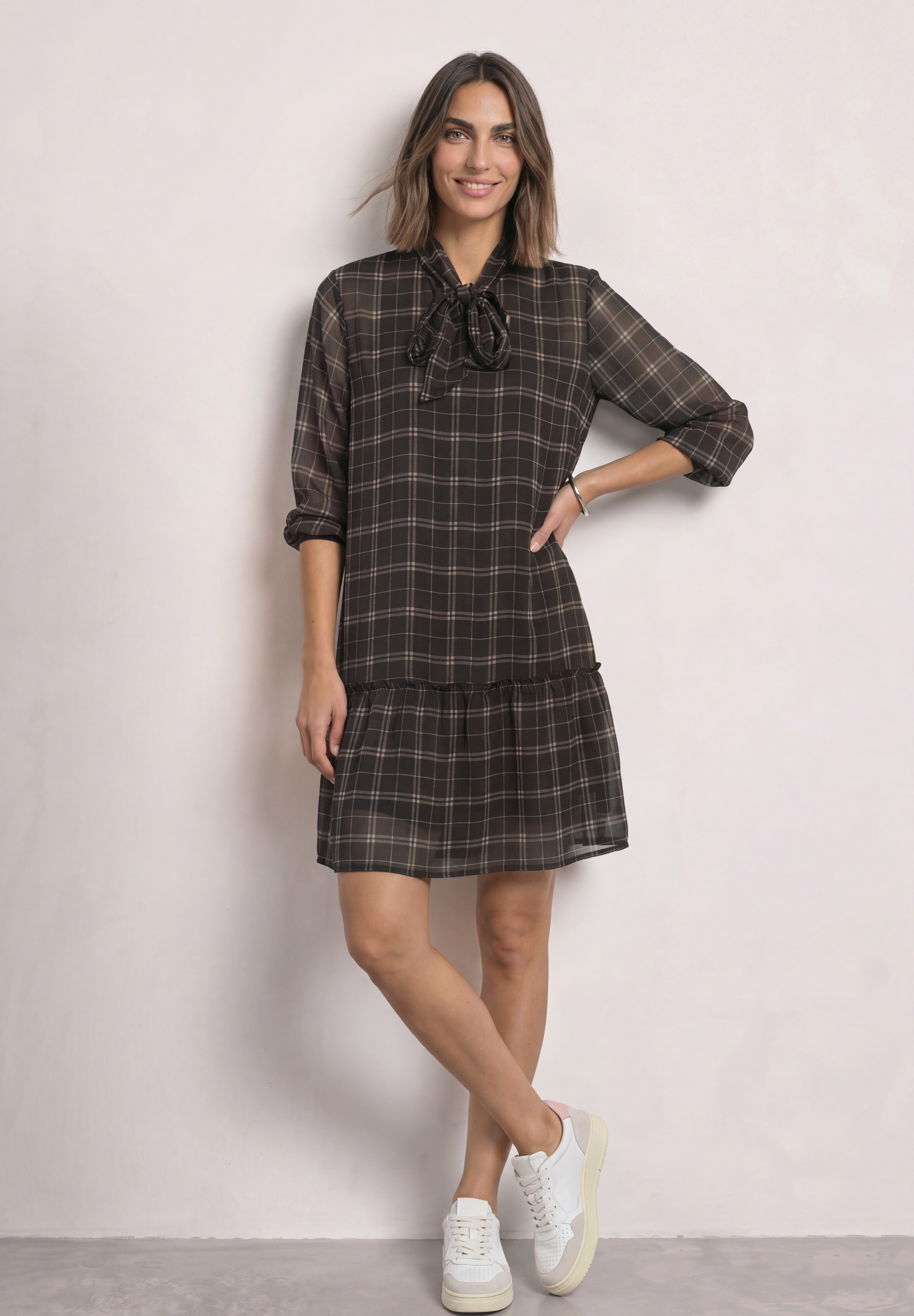 STREET ONE Robe en mousseline de soie Sans poches Robe tunique mi-longue avec détail de nœud / motif à carreaux