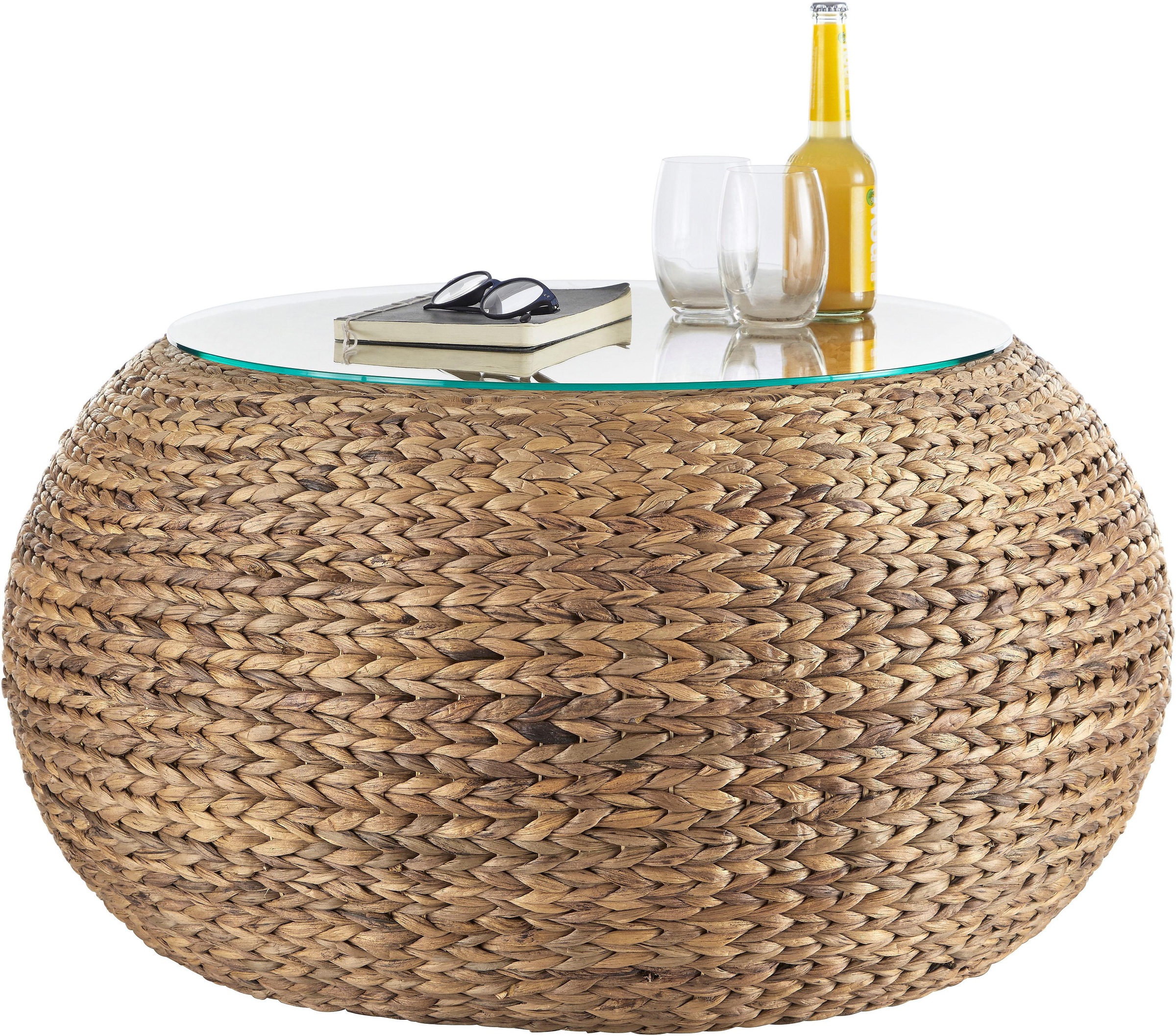 Image of Home affaire Beistelltisch »Gariés«, mit einer Glastischplatte, aus geflochtenem Wasserhyazinthengeflecht, Durchmesser 80 cm bei Ackermann Versand Schweiz