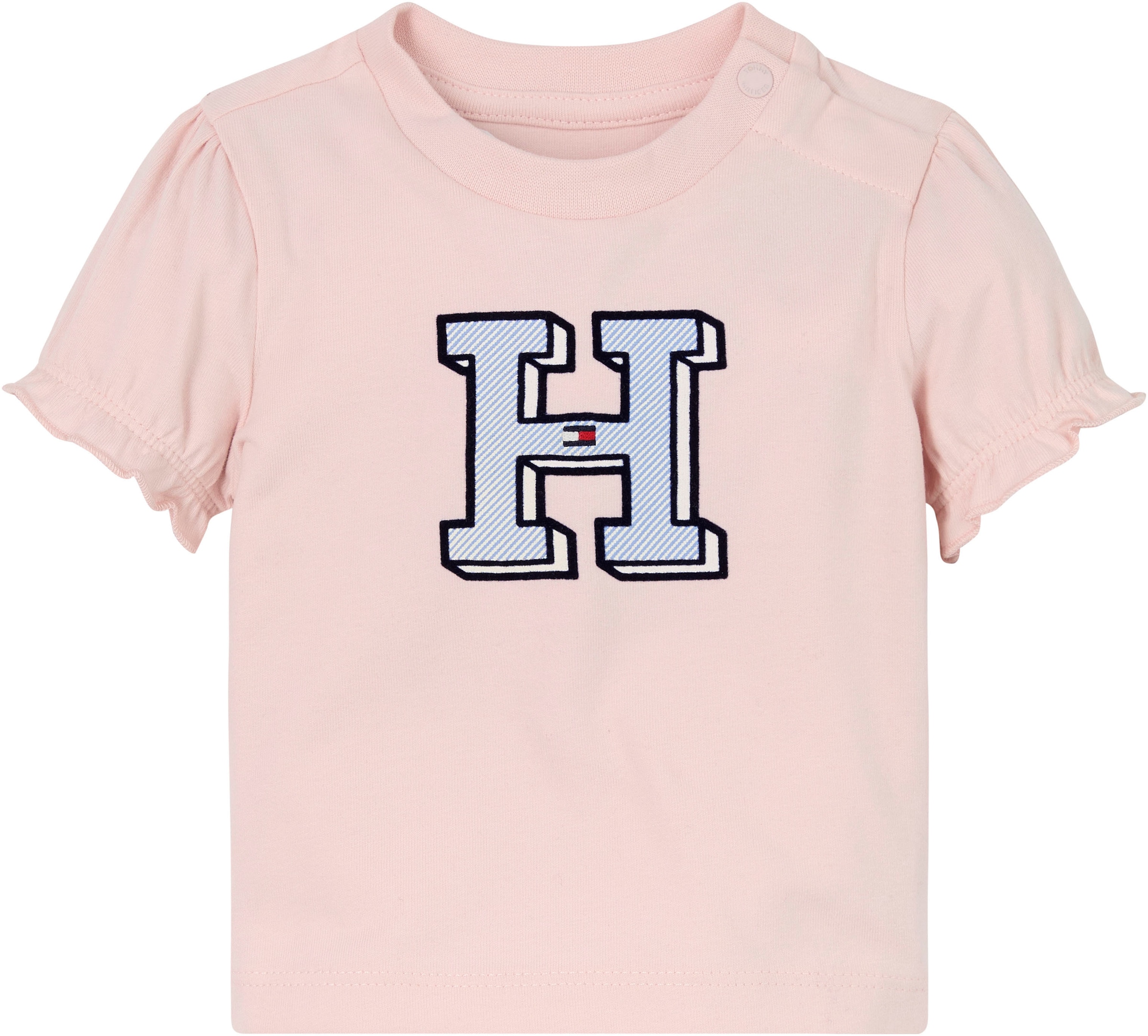 T-Shirt »BABY ITHACA H TEE S/S«, mit Drucker, Rüsche am Ärmel, Hilfiger Logo-Print