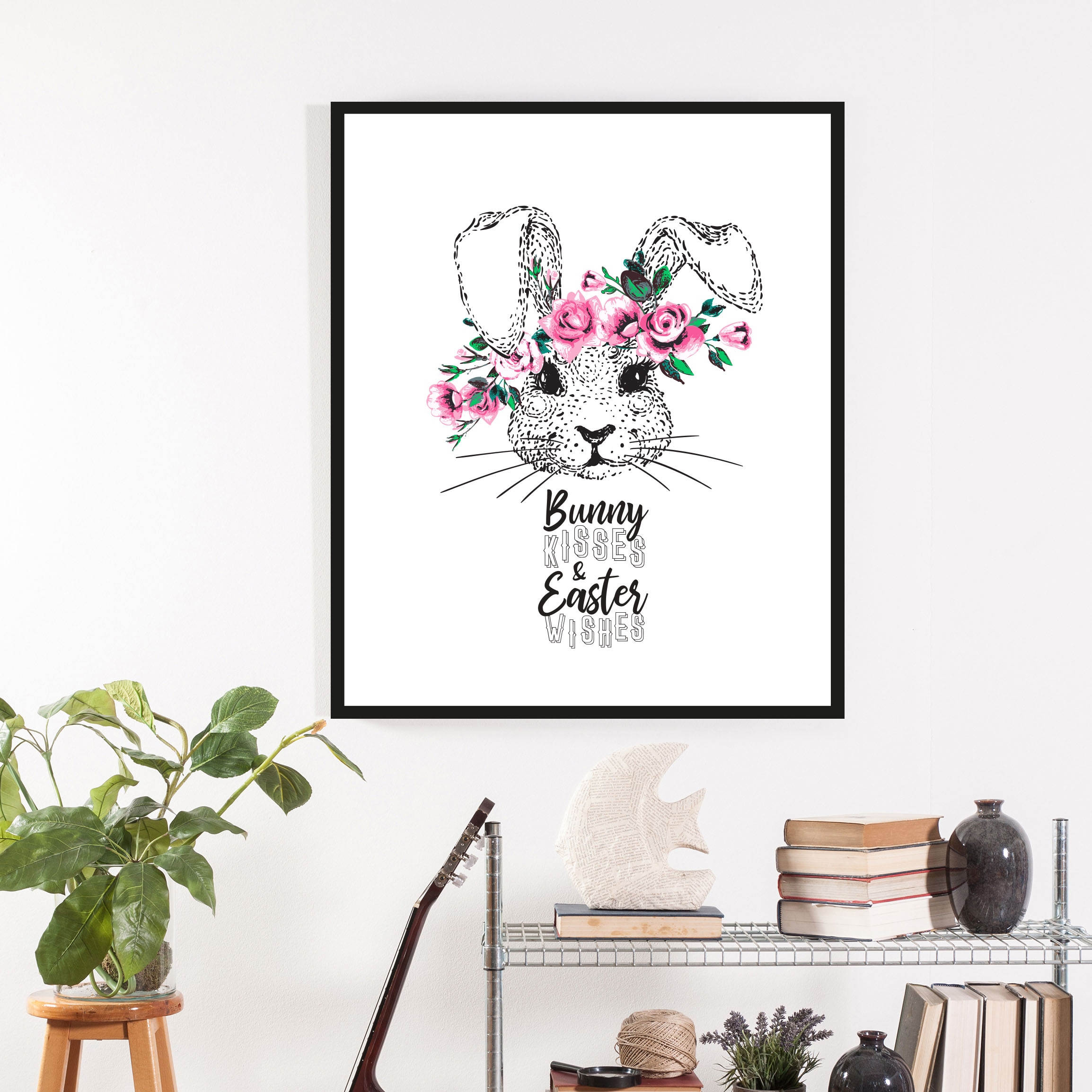 Image of queence Bild "Aico" Blumen Haustiere Kunst Ostern 1 Stk. tlg. mit Rahmen, schwarz