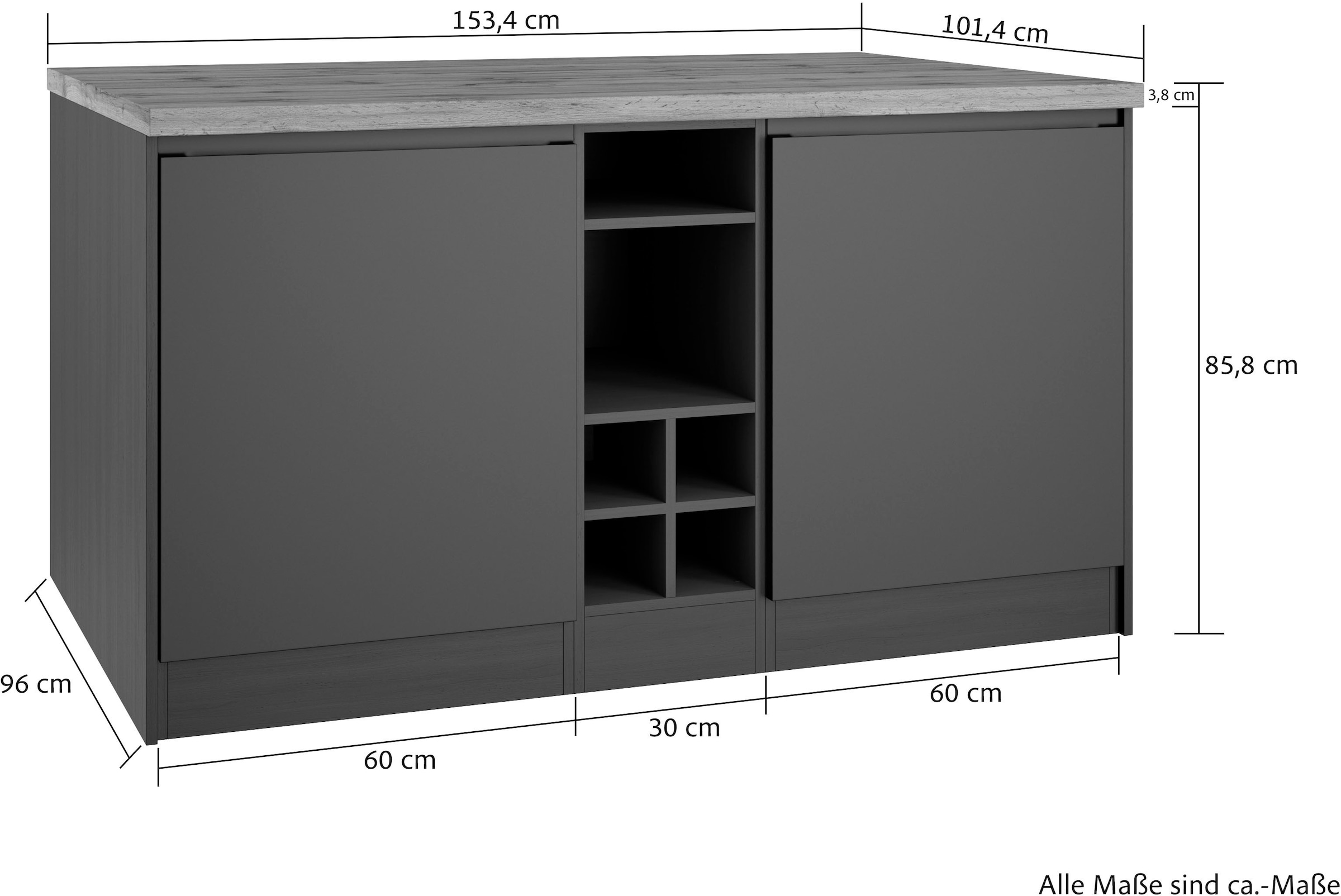 KOCHSTATION Kücheninsel »KS-Bruneck, Breite 153 cm« MDF-Fronten, Arbeitsplatte 38mm stark