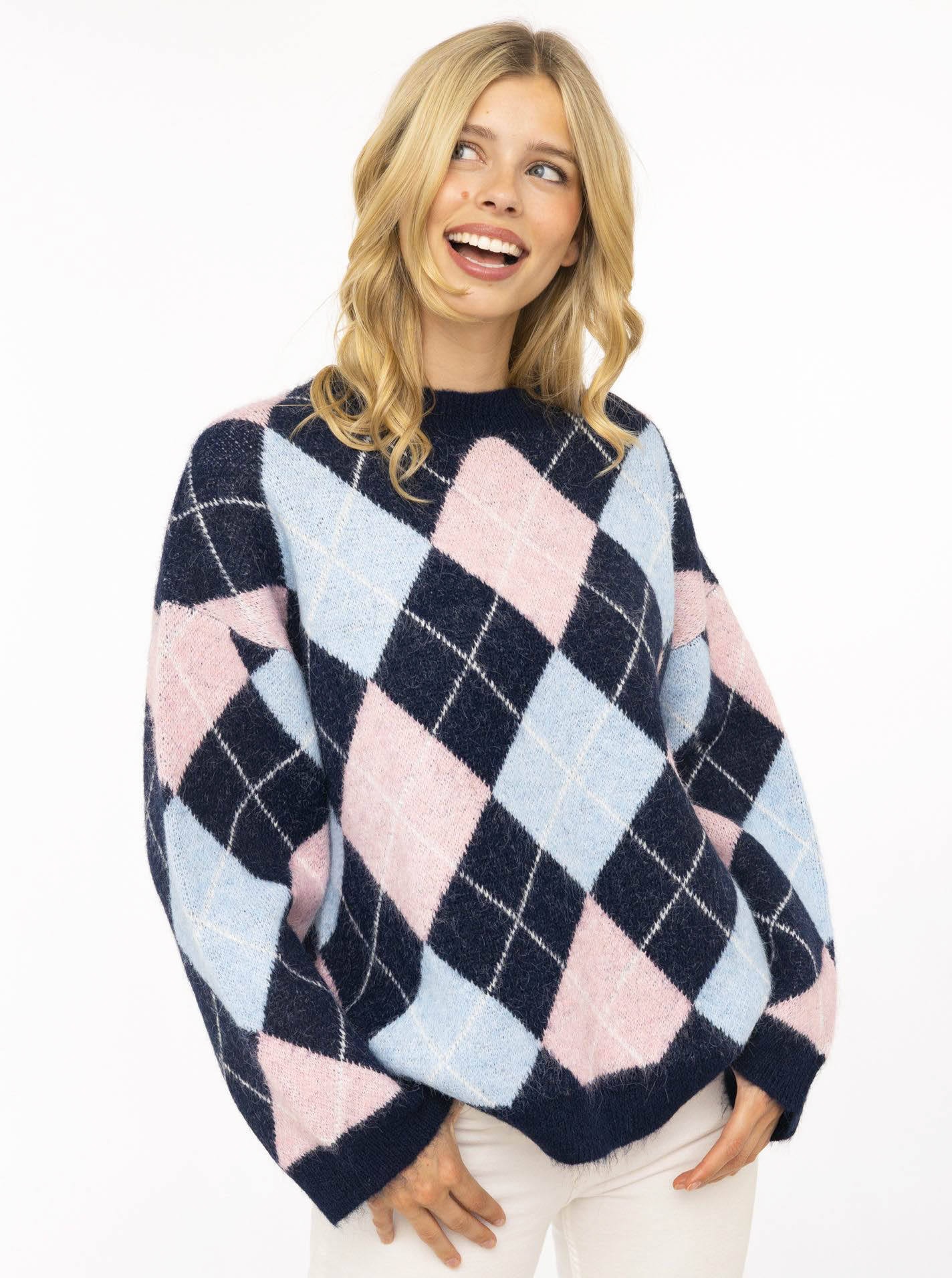Image of Zwillingsherz Strickpullover ""BIG ARGYLE"" Rautenmuster, Rundhals, überschnittene Schultern, oversize
