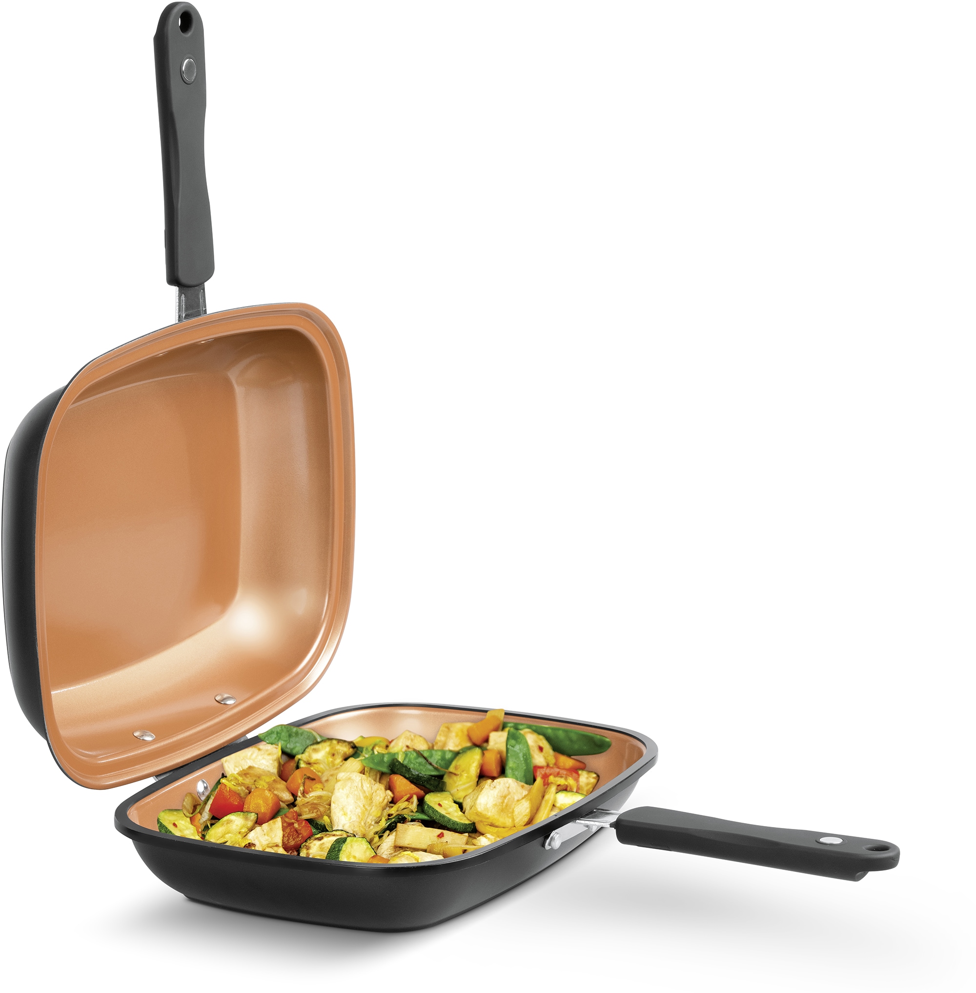 LIVINGTON Bratpfanne »Black Doubletta Deluxe«, Aluminium, (1 tlg.), 2-in1 Wendepfanne mit Frittier-Korb-Einsatz und Glasdeckel, Induktion