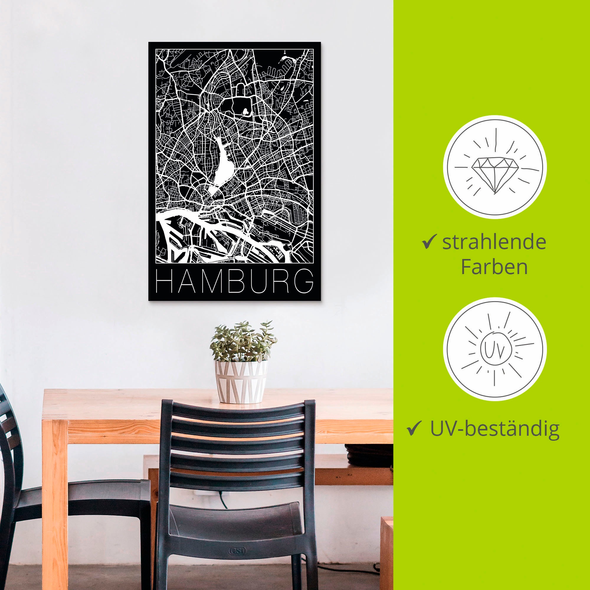 Artland Fresque murale »Retro Karte Hamburg Deutschland Schwarz« 1 cuis tlg. als Alubild, Poster in verschied. Grössen