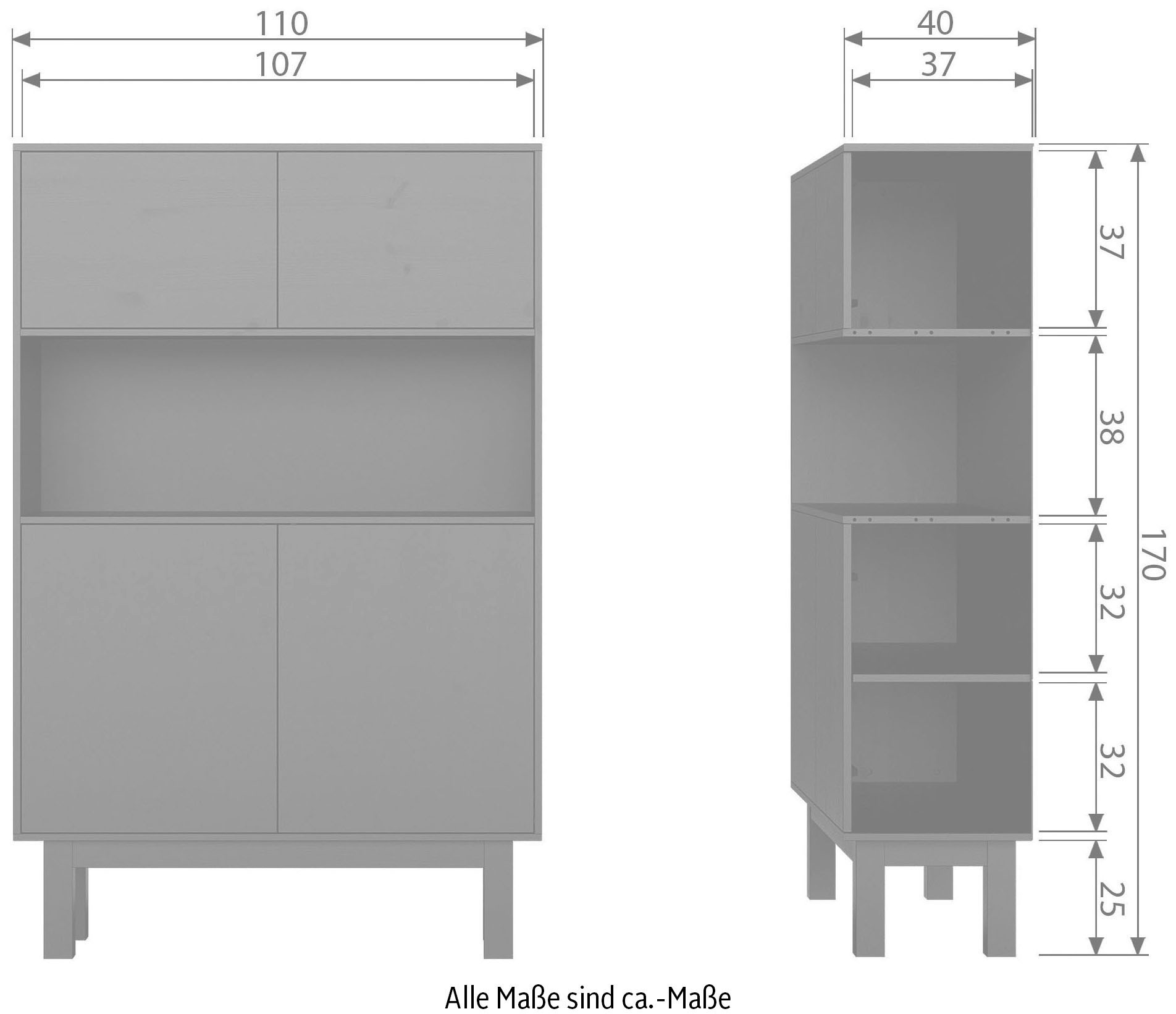 WOOOD Buffet »Finca FSC®-Kiefernholz mit Druckmechanismus, H 170 x B 110 x T 40 cm« charge maximale 10 kg par tablette, compartiment central ouvert, veinage visible