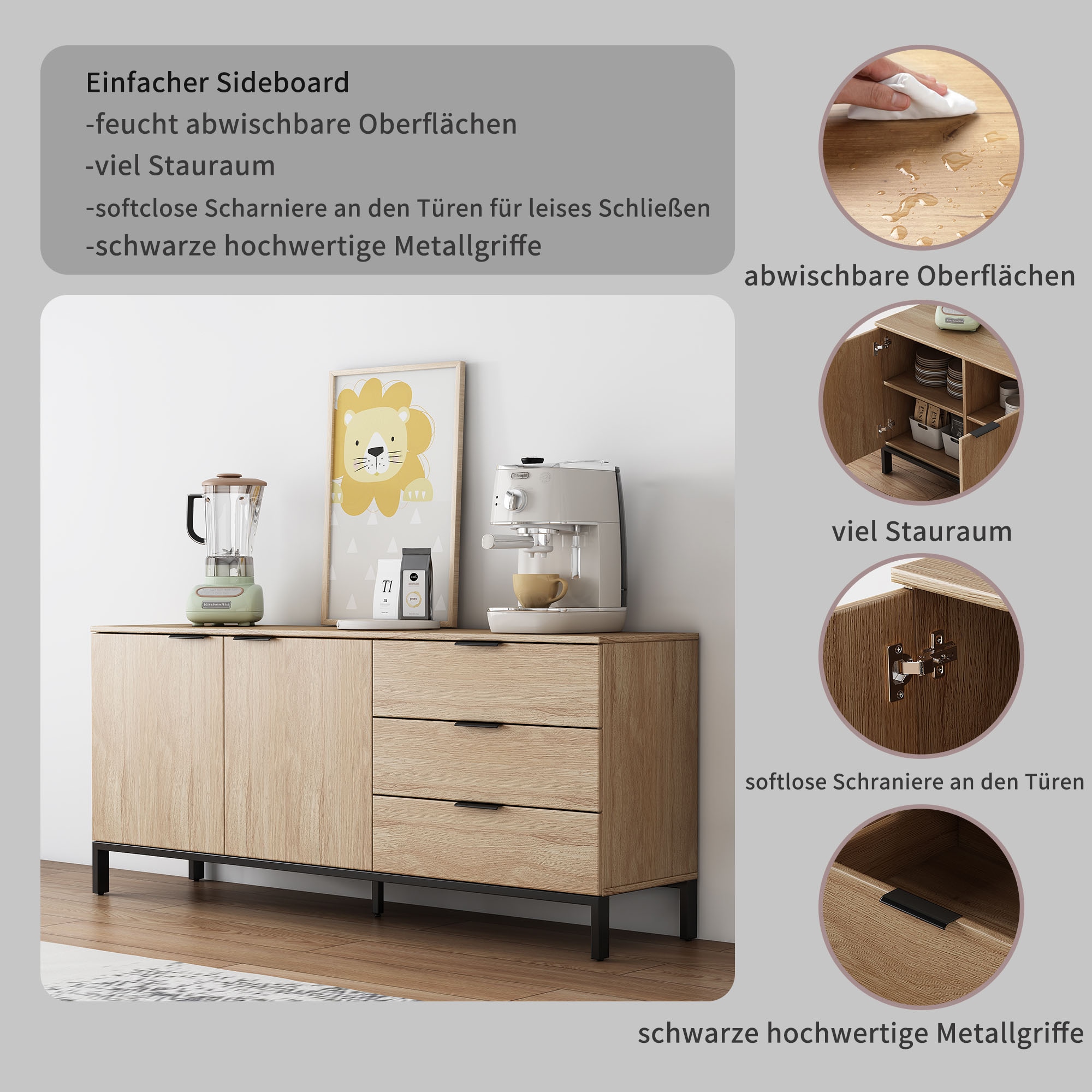 GOODproduct Sideboard »Jorinde« Melaminoberfläche, flexibler Stauraum und robustes Metallgestell