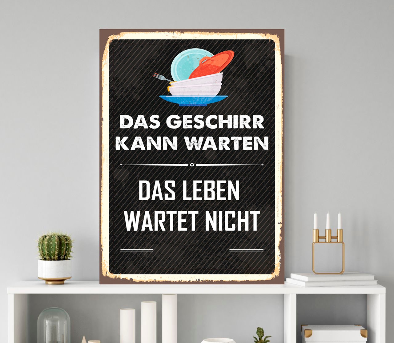 Image of queence Metallbild "Geschirr kann warten" Schriftzug Schriftzüge 1 Stk. tlg. Stahlschilder