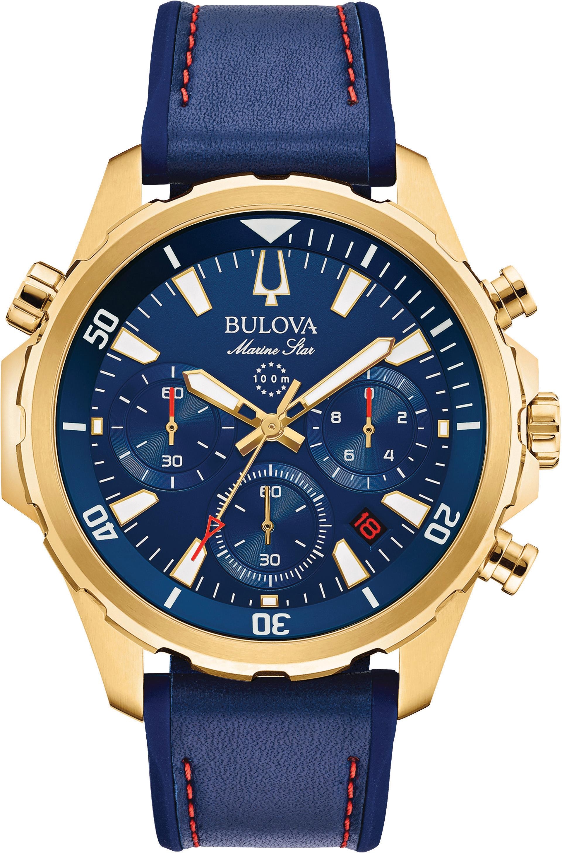 Bulova Chronograph »Marine Star, 97B168«, Armbanduhr, Quarzuhr, Herrenuhr, Lederarmband, Datum