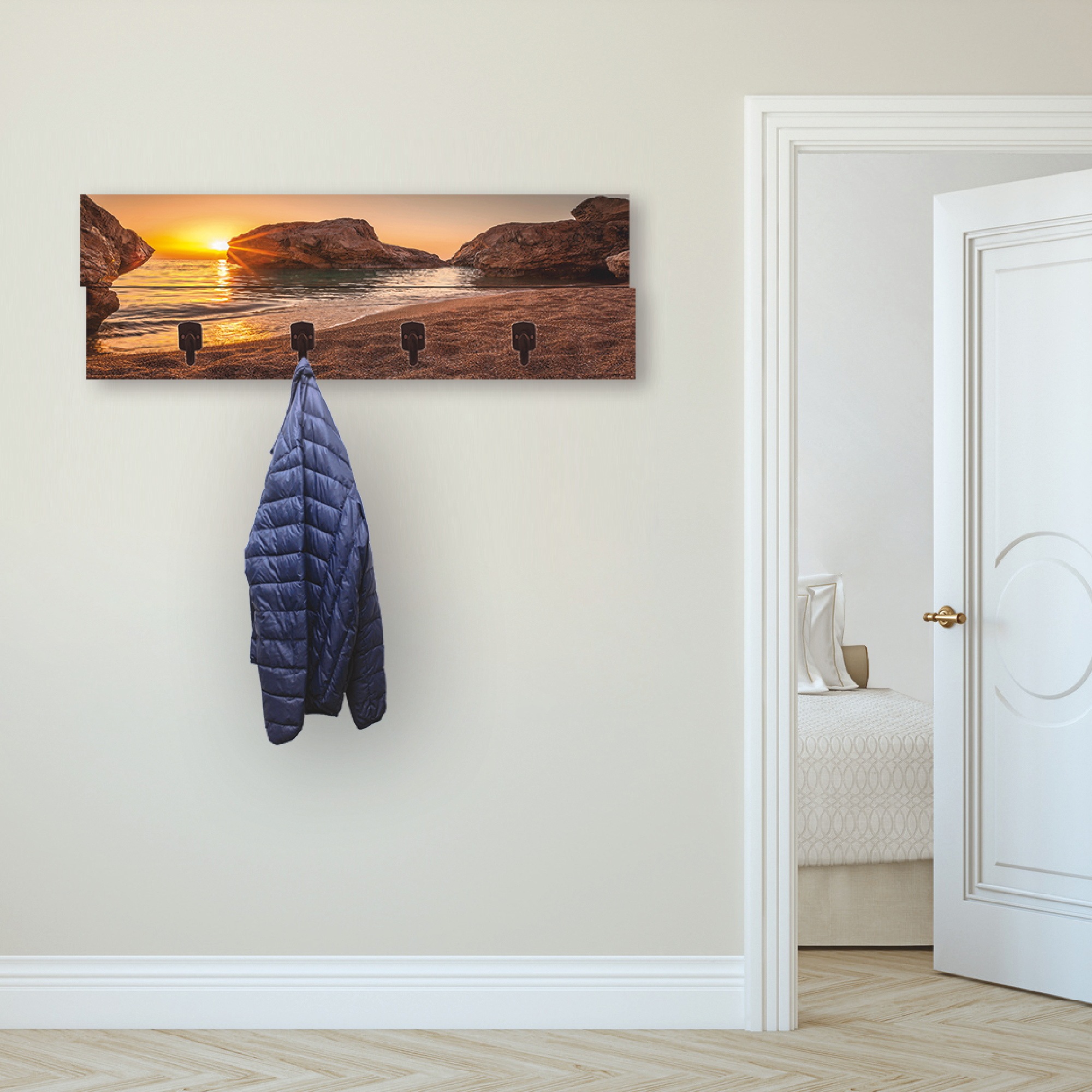 Image of Artland Garderobenleiste »Sonnenuntergang und Strand«, platzsparende Wandgarderobe aus Holz mit 4 Haken, geeignet für kleinen, schmalen Flur, Flurgarderobe bei Ackermann Versand Schweiz
