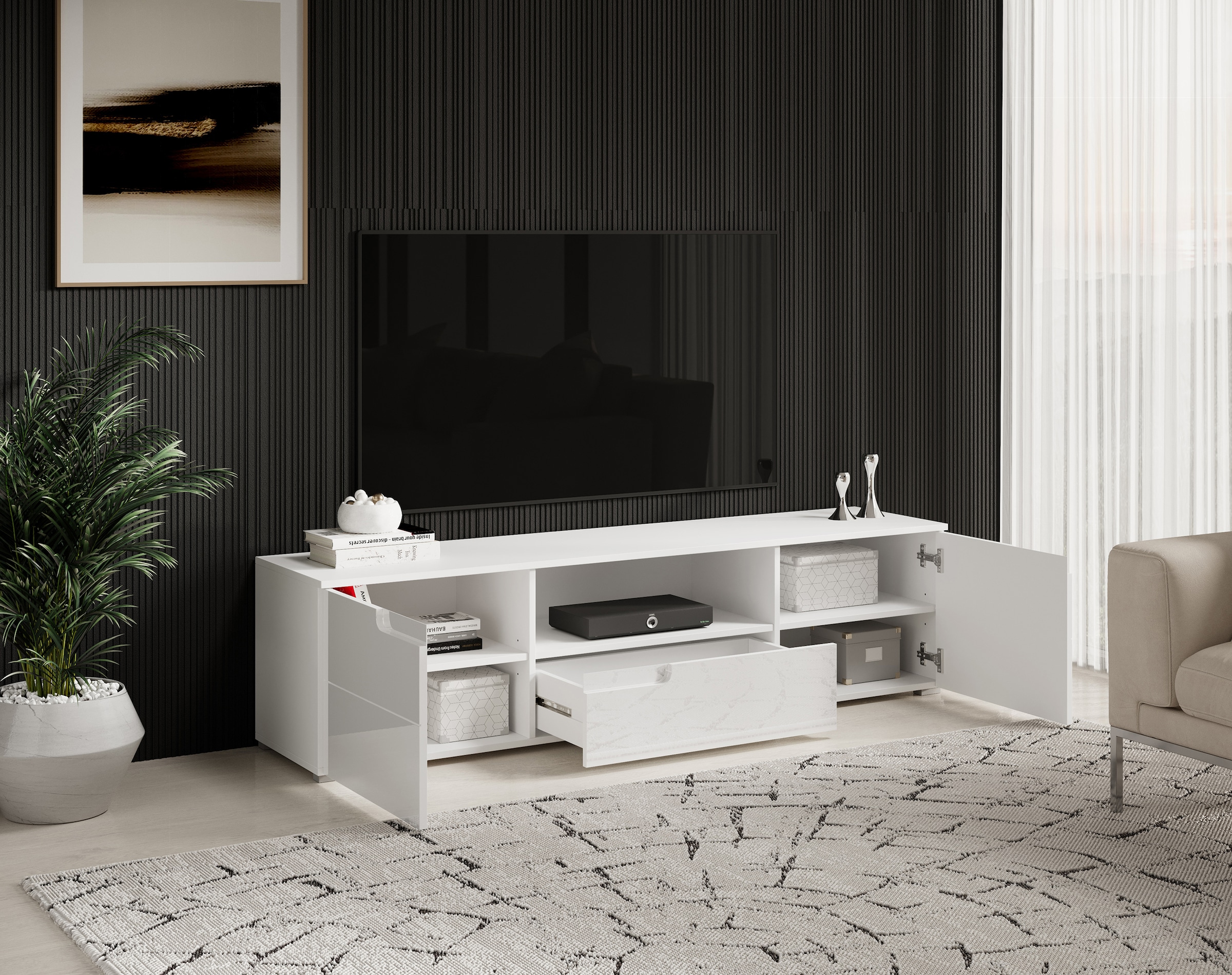 HBZ Lowboard »Spice weiss Hochglanz, TV Schrank bis 65 Zoll, BxHxT 165x42x40 cm«, (1 St.), Mit 2 Türen, 1 Schubkasten, 1 Kabeldurchführung, 1 offenes Fach