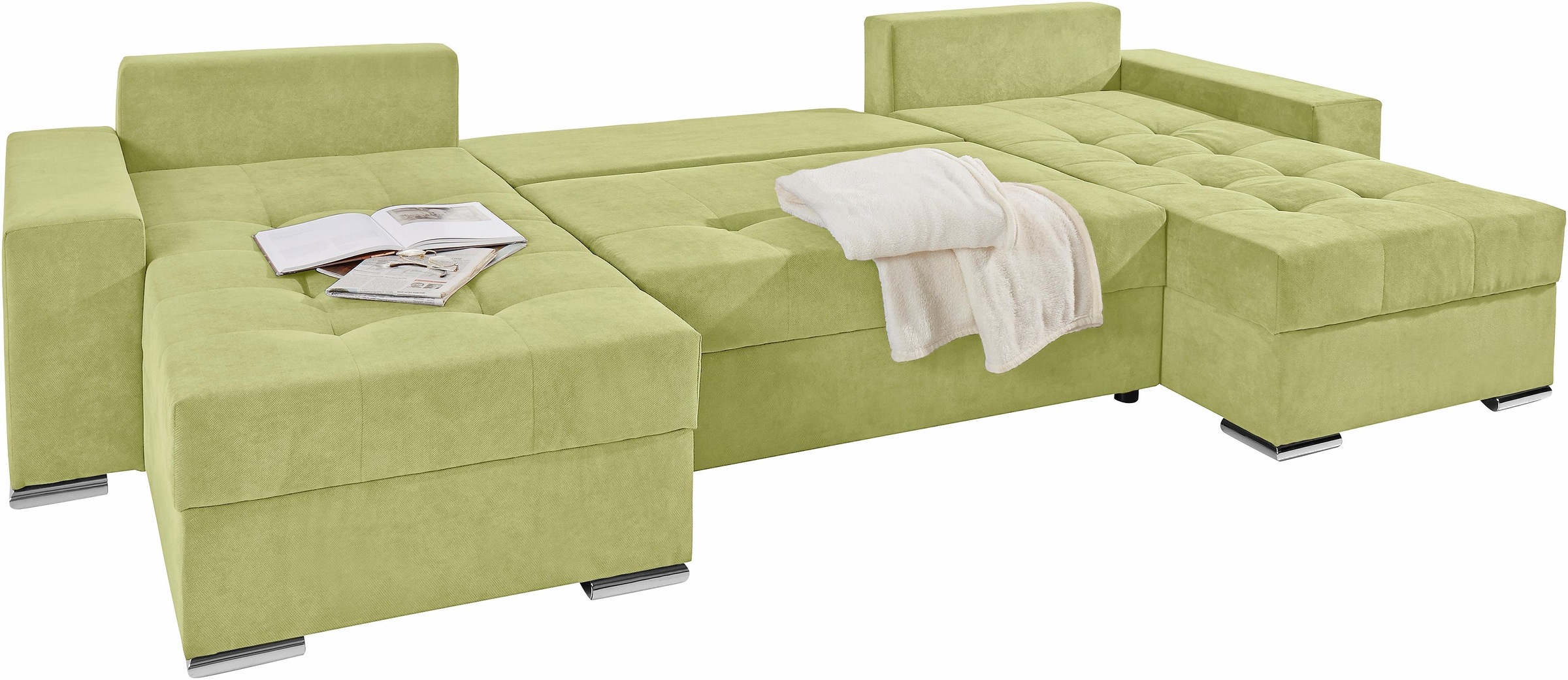 COLLECTION AB Wohnlandschaft »XL-Josy U-Form, Breite 313 cm, Flachgewebe, Struktur, Kunstleder«, inkl. Bettfunktion, Bettkasten, mit 4 gleich grossen Rückenkissen