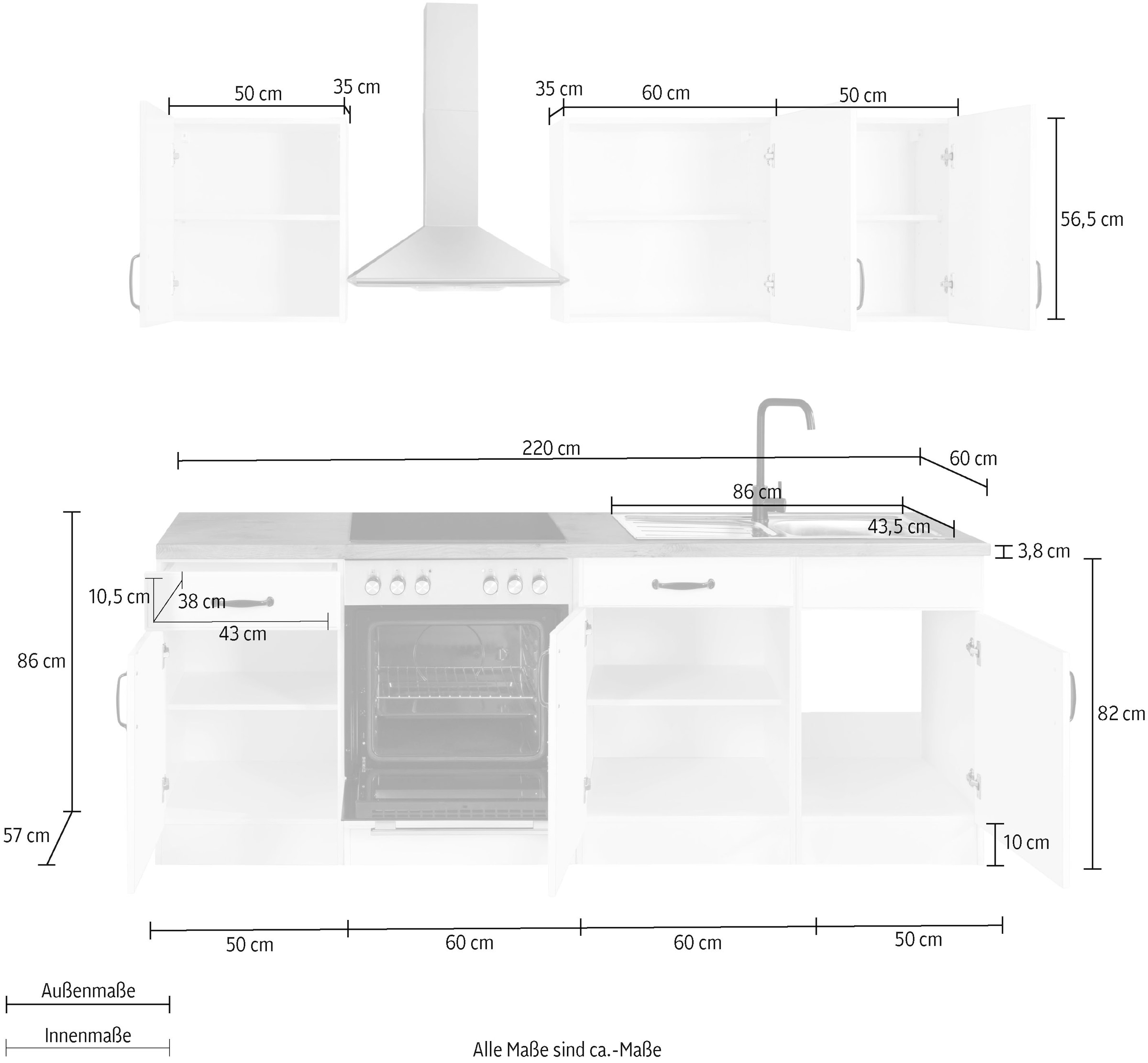 wiho Küchen Küchenzeile »Erla«, ohne E-Geräte, Breite 220 cm