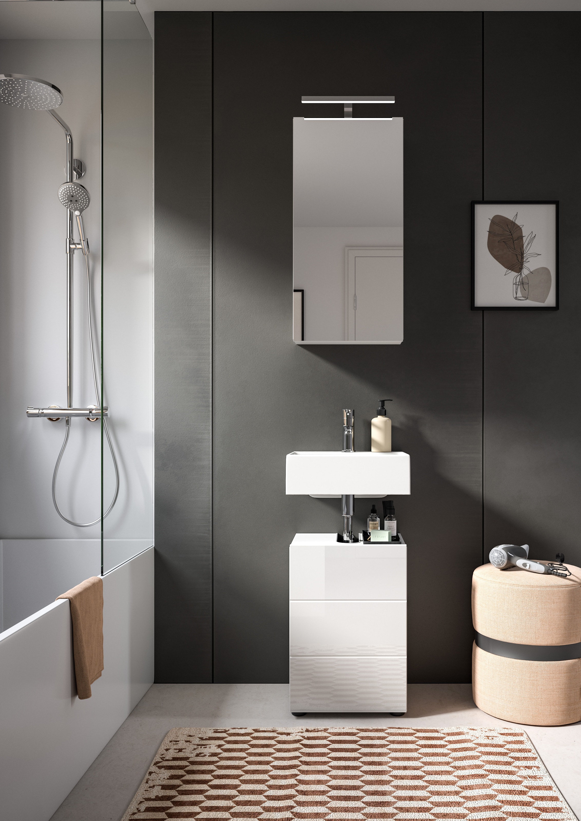 welltime Badmöbel-Set »BIEL, TOPSELLER!, 2 teilig, hochwertige MDF Front, Rillenoptik« 2 teiliges Set, bestehend aus: Waschbeckenunterschrank, Spiegelschrank, 2 Stk. tlg.