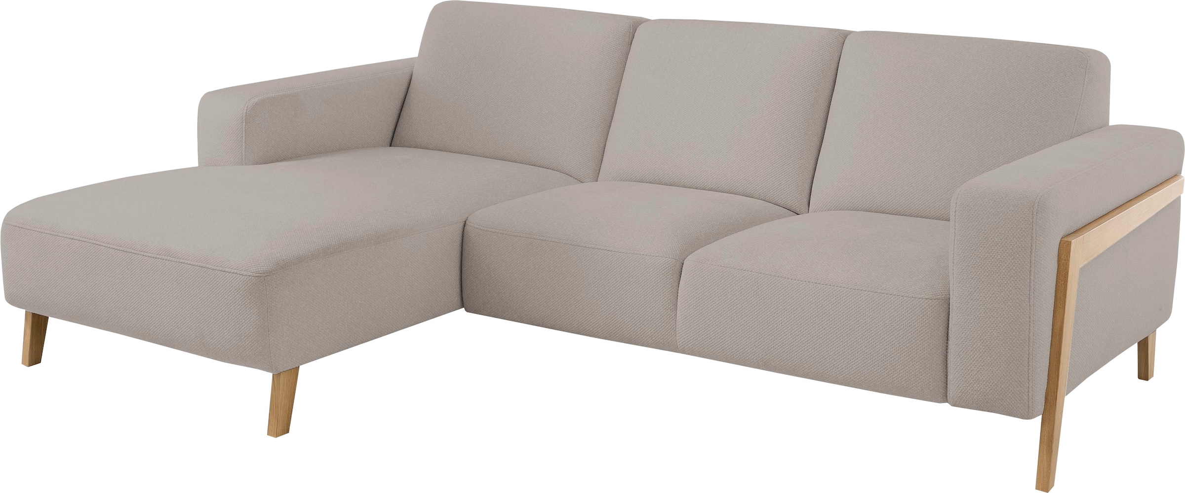 exxpo - sofa fashion Ecksofa »Starr Scandic Design, tolle Verarbeitung, bequem, Sichtholz am Armteil«, L-Form, wahlw. elektrische Sitztiefenverstellung, Massivholzfüsse