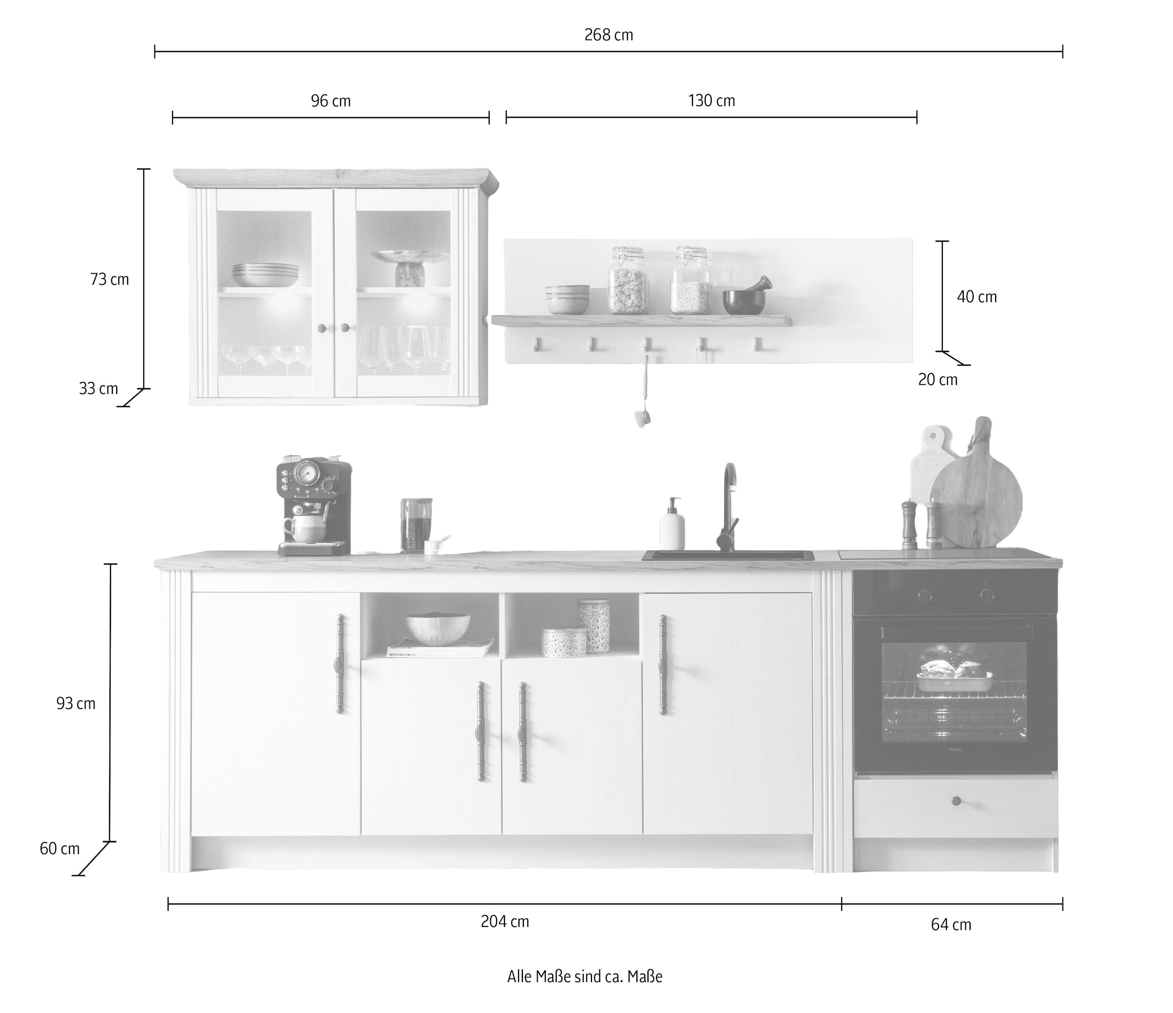 GOODproduct Küchenzeile »KS-Westminster, Pantryküche im Landhaus Stil, hochwertige Metallgriffe« Set,  Breite 268 cm, Sideboard, Wandpaneel, Hängeschrank und Herdumbau