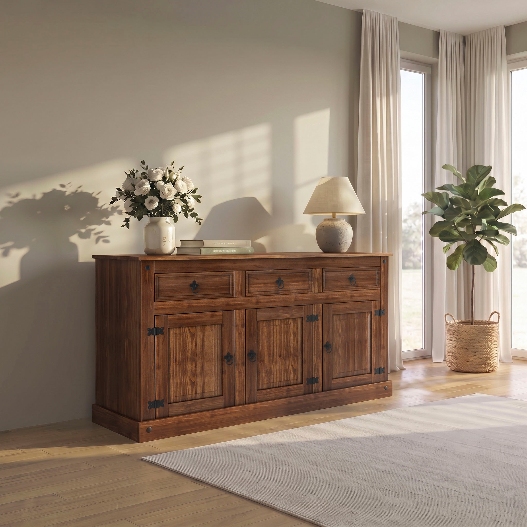 GOODproduct Buffet »Mexiko Kommode mit 3 Türen und 3 Schubladen mit Ringgriffen aus Metall« commode en pin massif, largeur 151 cm