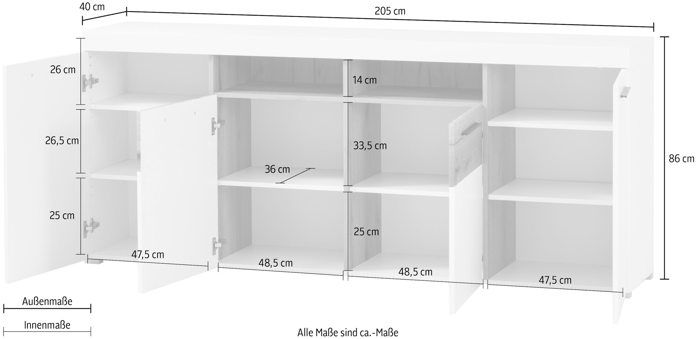 INOSIGN Sideboard »Salerno, moderner Schrank, Highboard in Weiss mit Eiche Evoke Dekor«, Metallgriffe, ausreichend Stauraum, vielseitig einsetzbar, 205cm breit