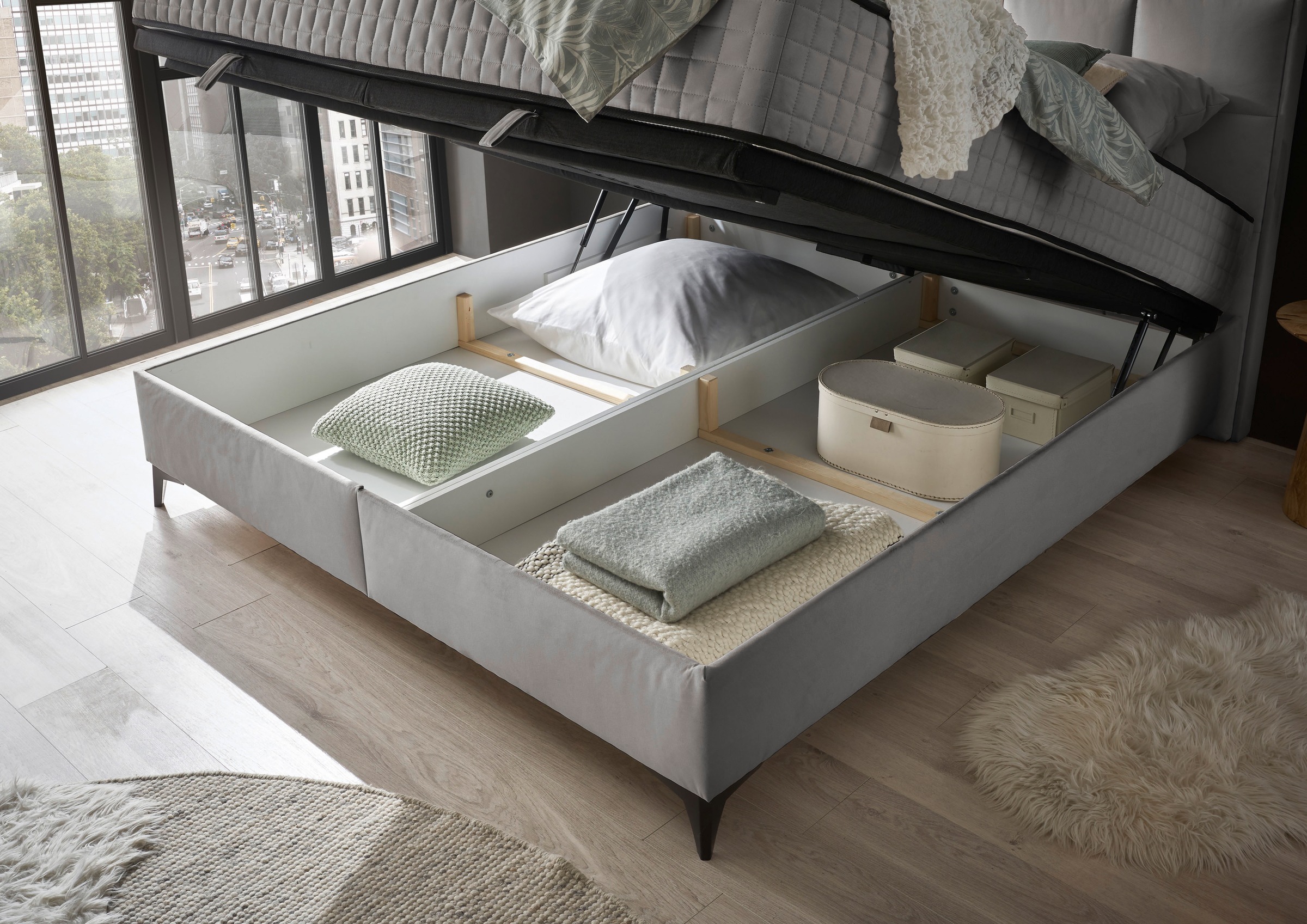 ED EXCITING DESIGN Lit de boxe »Monroe inkl. Bettkasten, erhältlich in den Breiten 160cm & 180cm« Duo-Matratze - feste Seite mit Kokosmatte