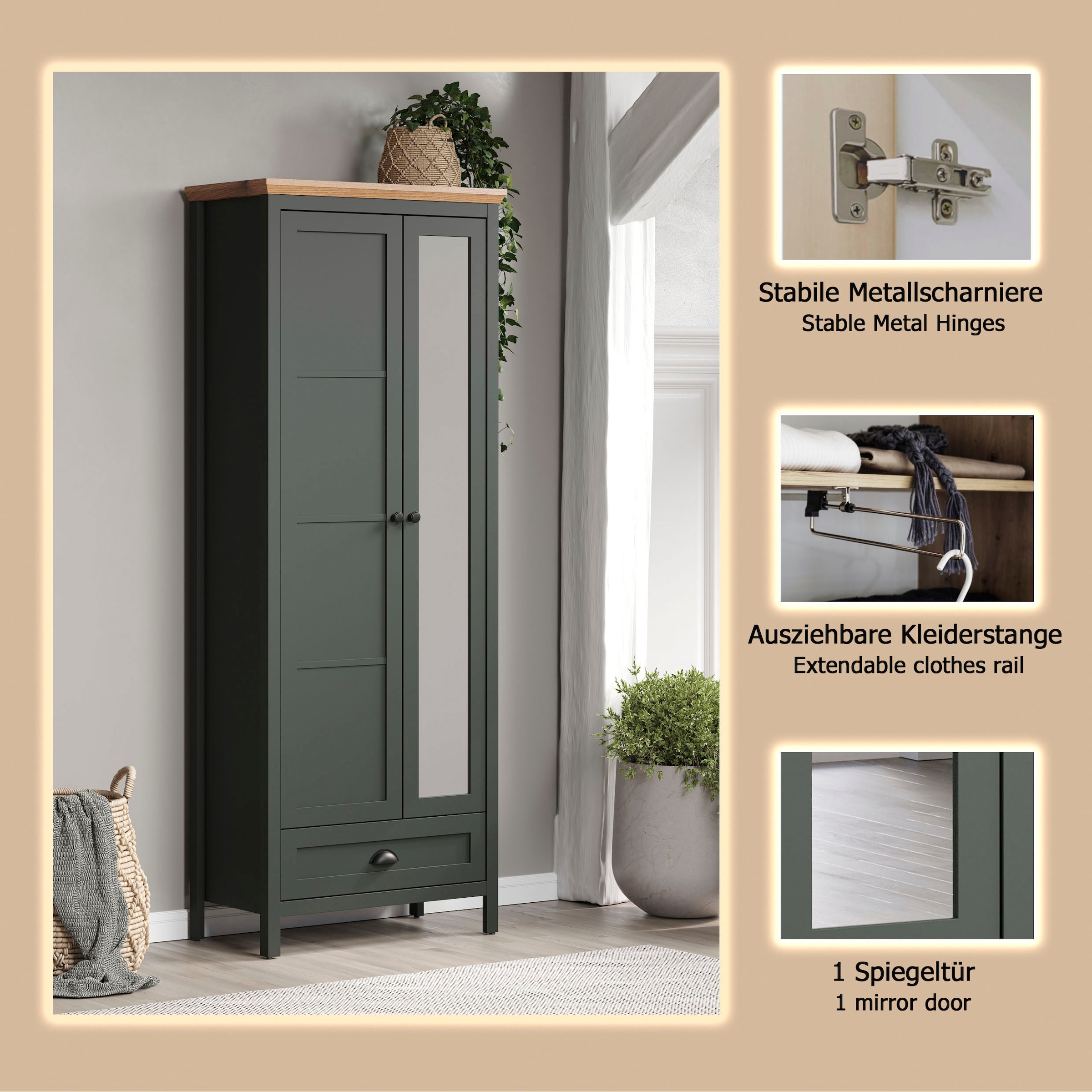 Home affaire Armoire vestiaire »Vienna« 1 cuis tlg. Garderobenschrank, 2 Türen, 1 Schubkasten & Vollauszug 77/39/198 cm