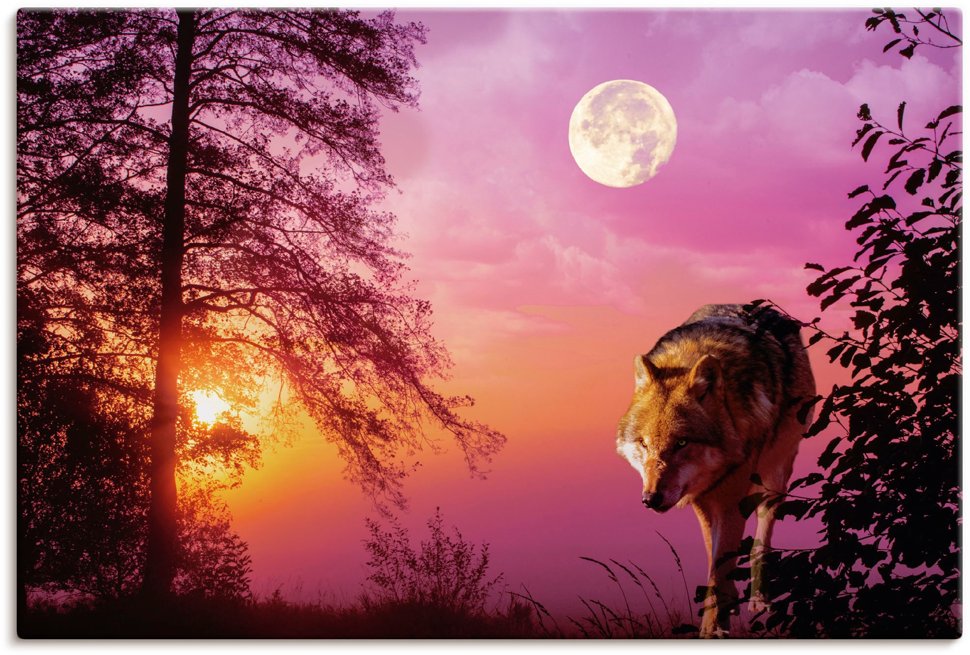 Image of Artland Leinwandbild "Wolf im Vollmond" Wolfbilder 1 Stk. tlg. auf Holzrahmen gespannt